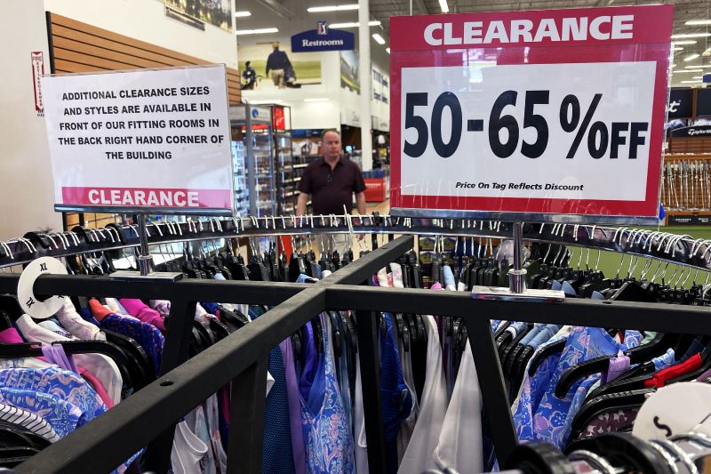 A clearance sale sign is displayed at a retail store in Downers Grove, Ill., April 12. On Thursday, the Labor Department reports on U.S. consumer prices for July. Economists expect the report to show prices rose 3.3%.