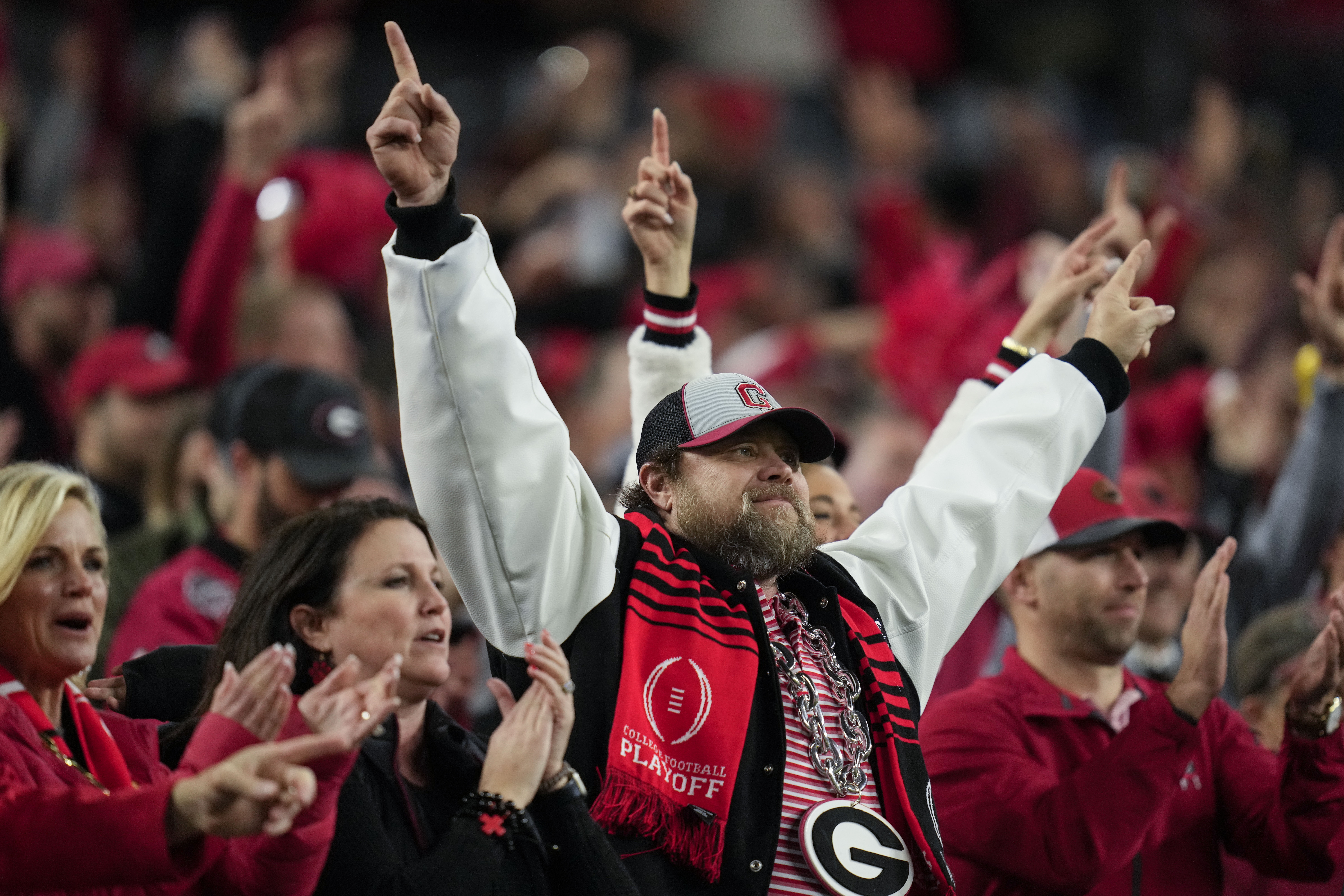 FILE - Georgia fans cheer during the second half of the national championship NCAA College Football Playoff game between Georgia and TCU, Monday, Jan. 9, 2023, in Inglewood, Calif. Georgia's won two straight national championships, but hasn't been preseason No. 1 since 2008. 
