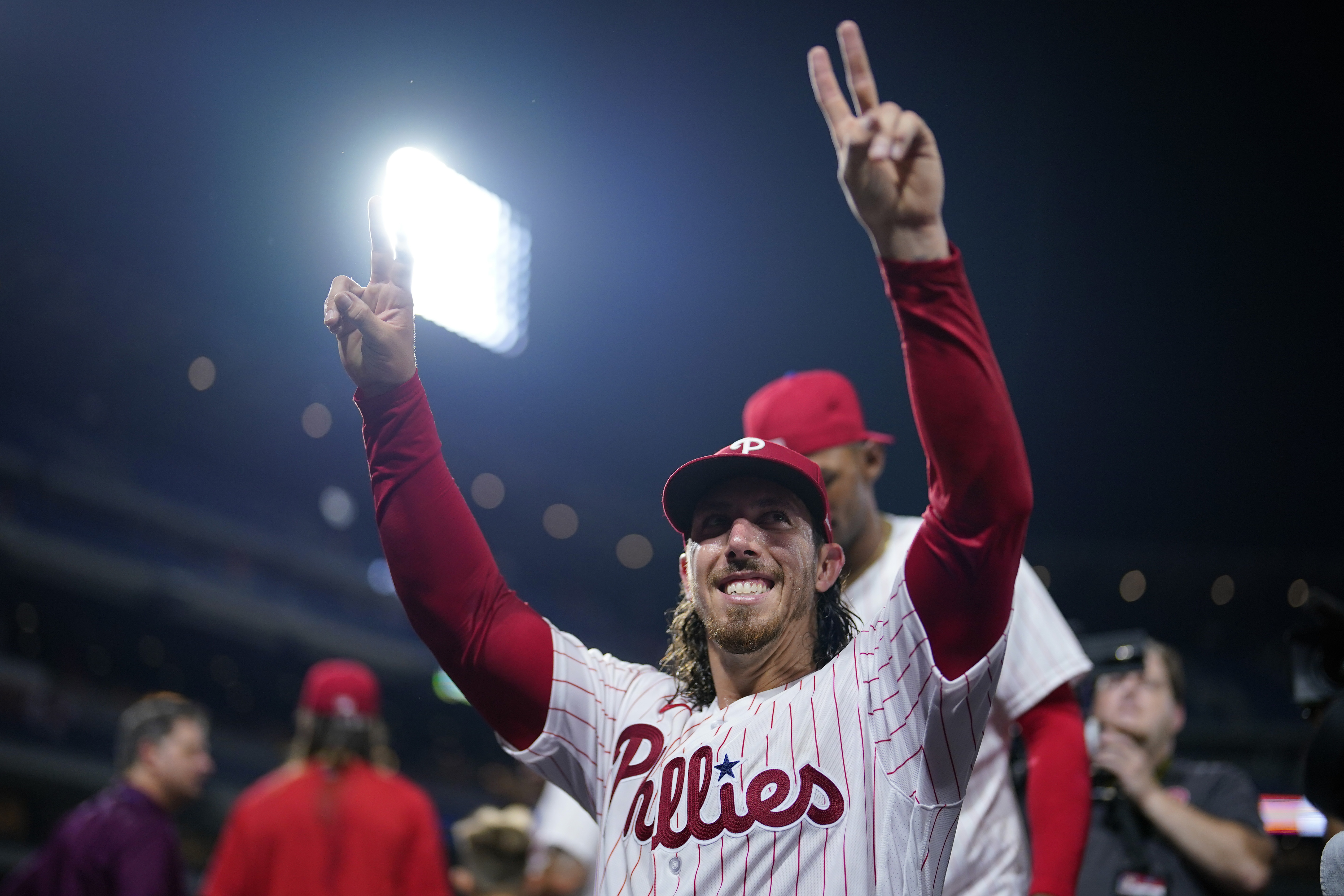 Philadelphia Phillies pitcher Michael Lorenzen celebrates after pitching a no-hitter during a baseball game against the Washington Nationals, Wednesday, Aug. 9, 2023, in Philadelphia. 