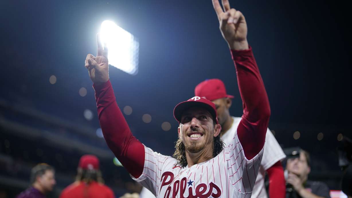Philadelphia Phillies pitcher Michael Lorenzen celebrates after pitching a no-hitter during a baseball game against the Washington Nationals, Wednesday, Aug. 9, 2023, in Philadelphia.