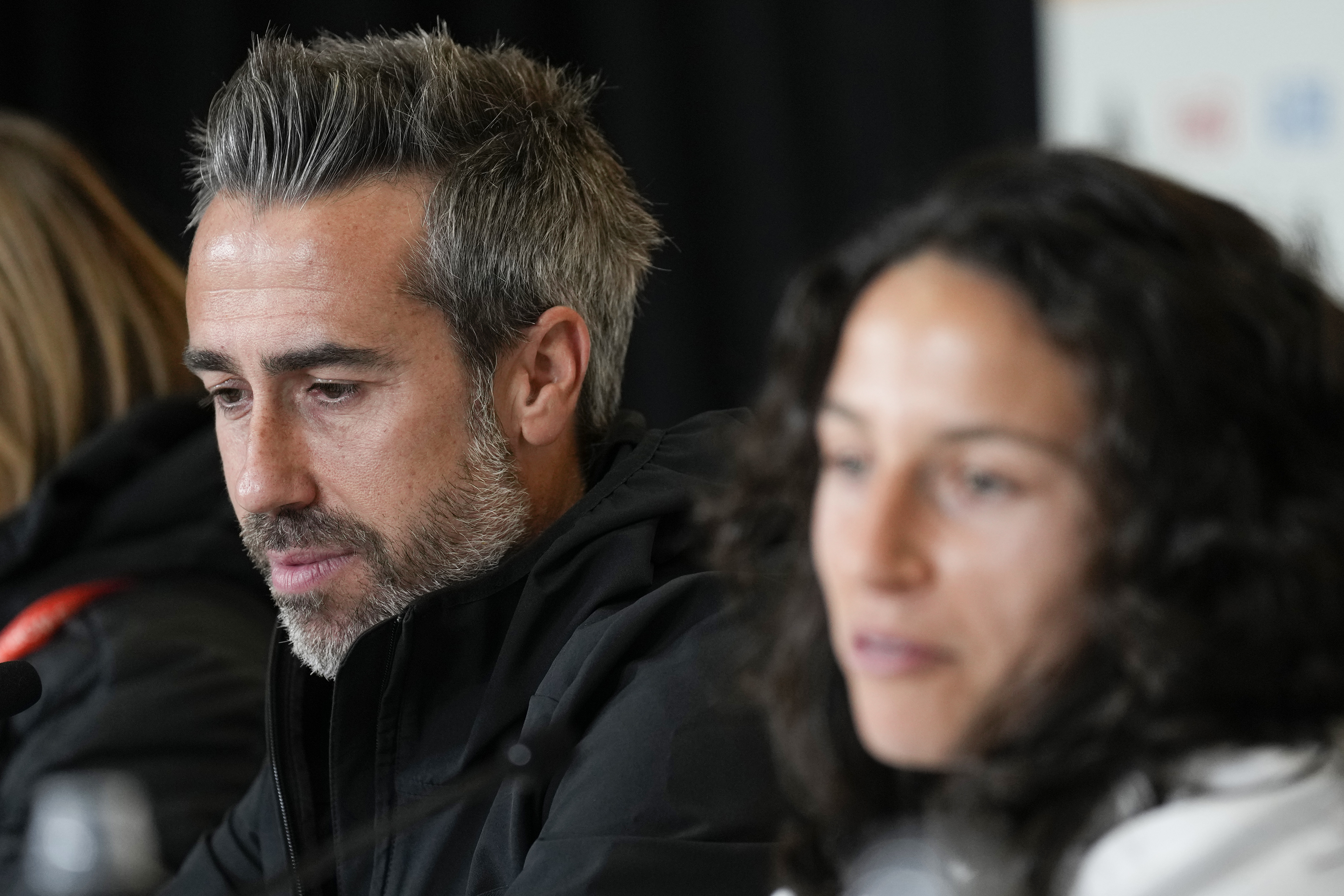 Spain's head coach Jorge Vilda, left, and Spain's Ivana Andres attend a press conference ahead of the Women's World Cup quarterfinal soccer match between Spain and Netherlands in Wellington, New Zealand, Thursday, Aug. 10, 2023. 