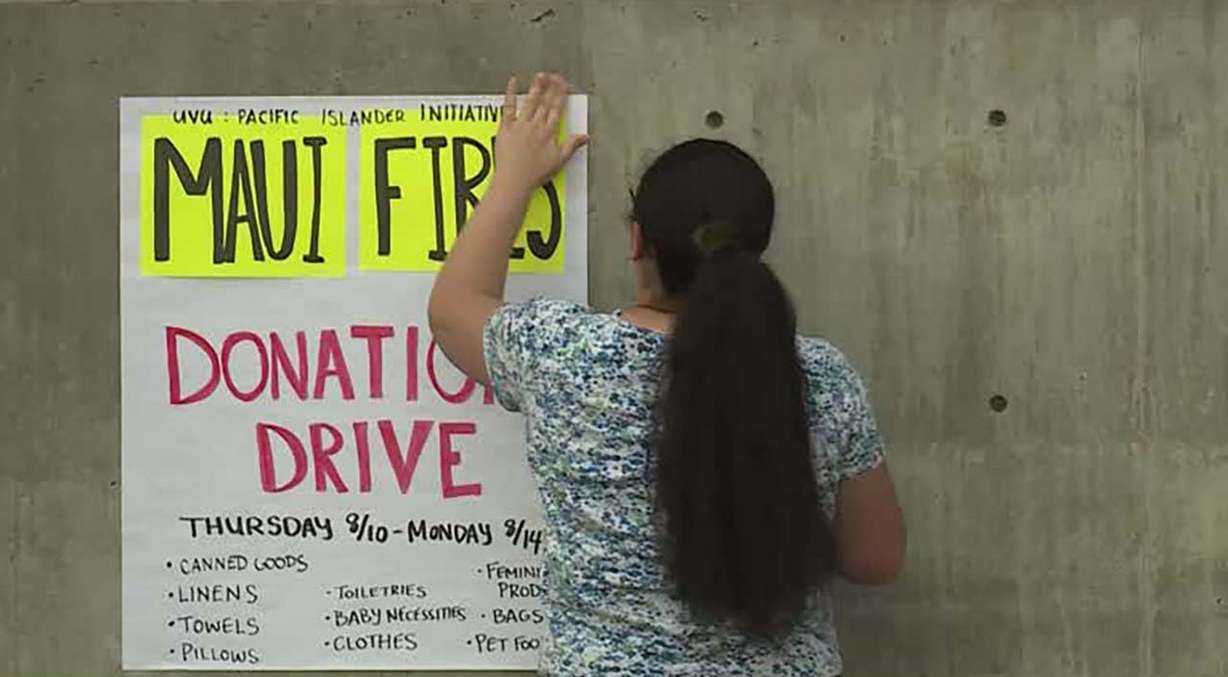 Members of the Pacific Islander Initiative at UVU in Orem begin collecting donations for people devastated by wildfire on Maui, Hawaii, Thursday.