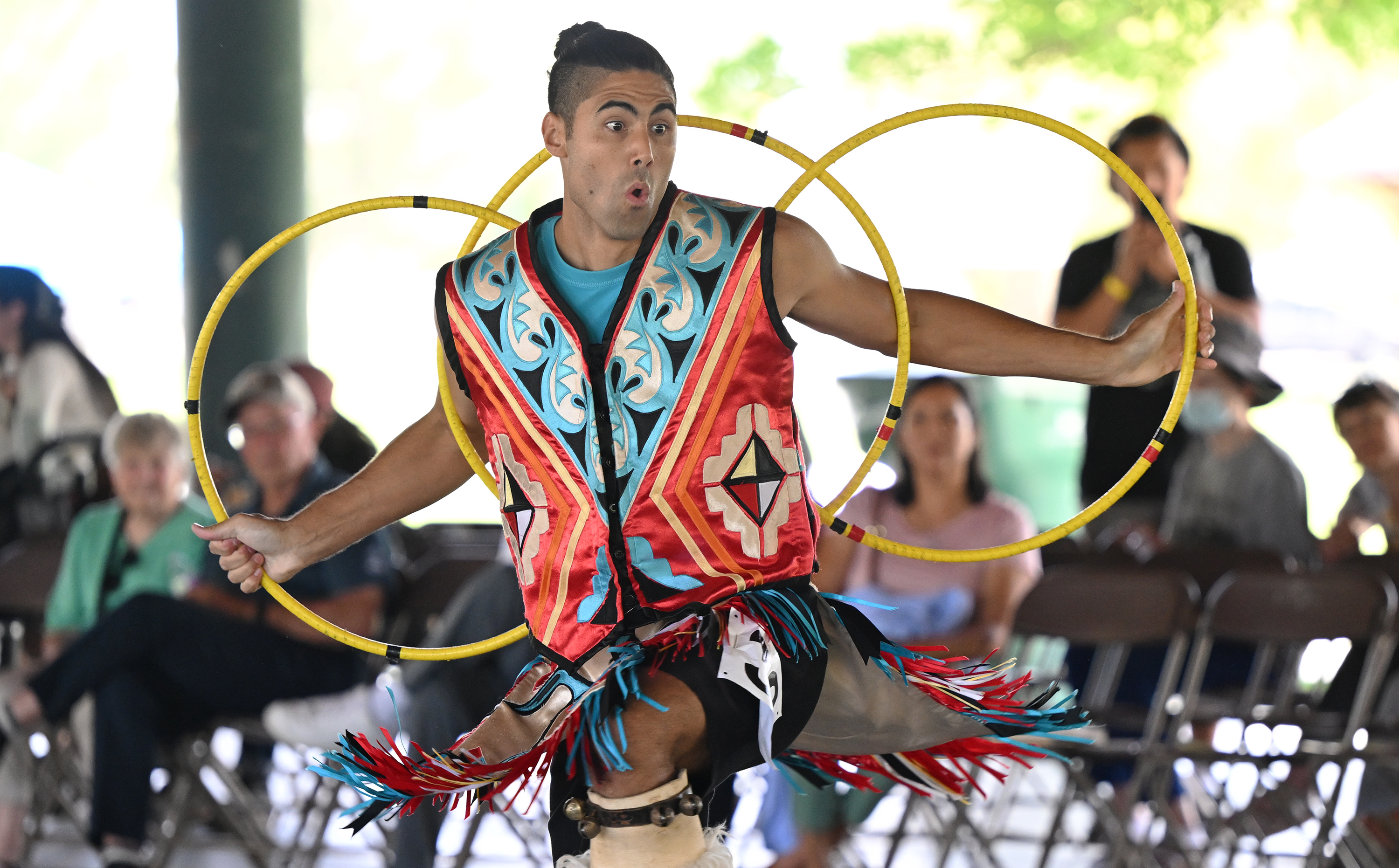 Hoop dancer Eric Hernandez dances at Utah Native Market Days at Thanksgiving Point in Lehi on Friday. All proceeds are going to Native student scholarships. There is hoop dancing, food and crafts and the event continues Saturday.