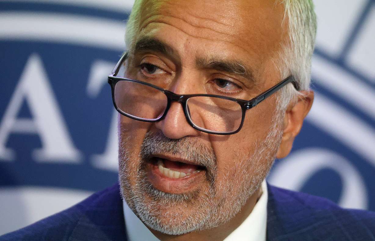 Salt Lake County District Attorney Sim Gill speaks during a press conference at the Salt Lake County District Attorney’s Office about Salt Lake police officer Matthew Farillas’ unjustified use of deadly force in 2020 against a 13-year-old boy suffering a mental health crisis in Salt Lake City on Friday.