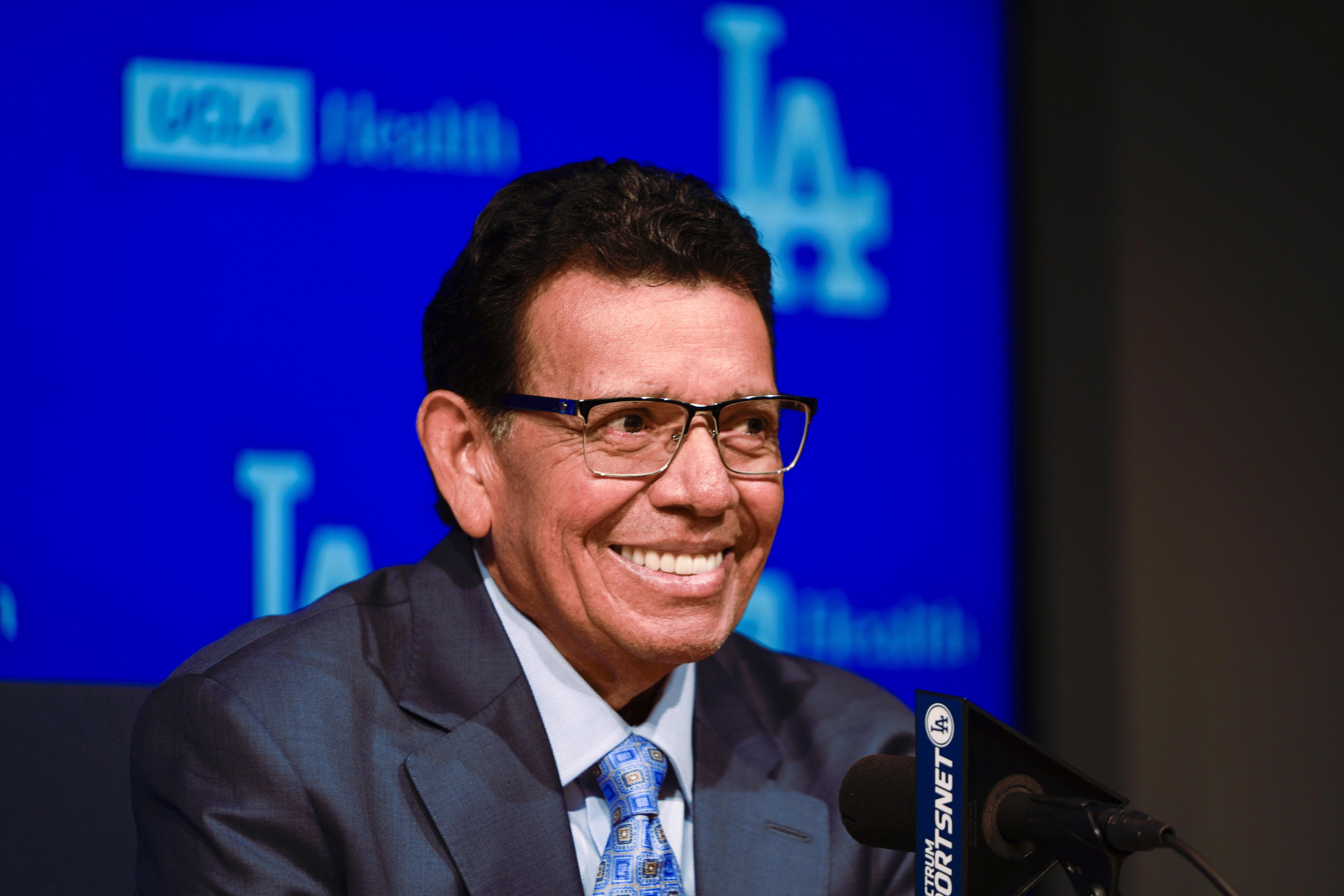 Former Los Angeles Dodgers pitcher Fernando Valenzuela speaks during a news conference ahead of his jersey retirement ceremony at the baseball game between the Dodgers and the Colorado Rockies, Friday, Aug. 11, 2023, in Los Angeles.