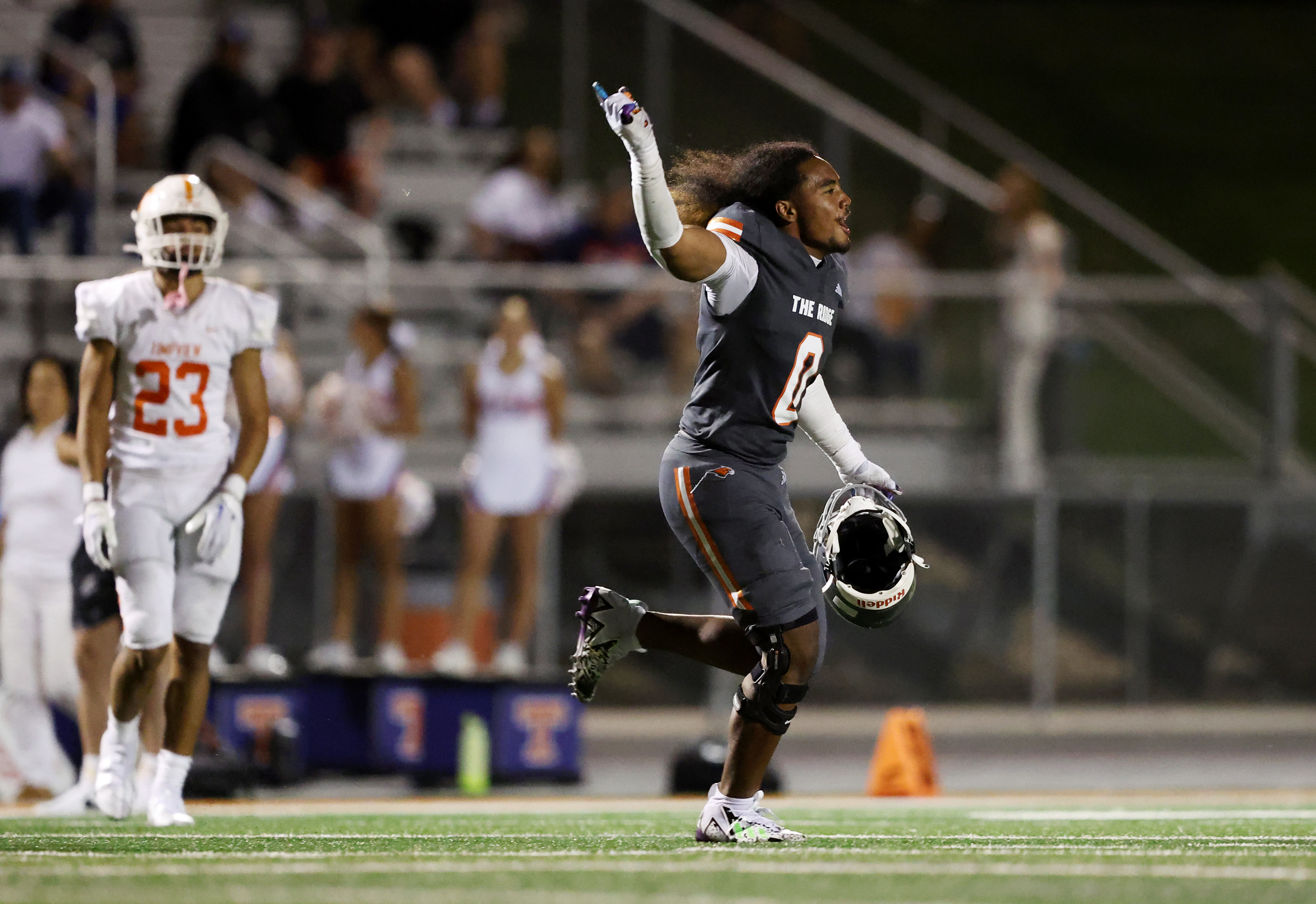 Skyridge’s Deshawn Toilolo celebrates his game winning interception as they defeat Timpview in Lehi on Friday, Aug. 11, 2023. Skyridge won 26-14.