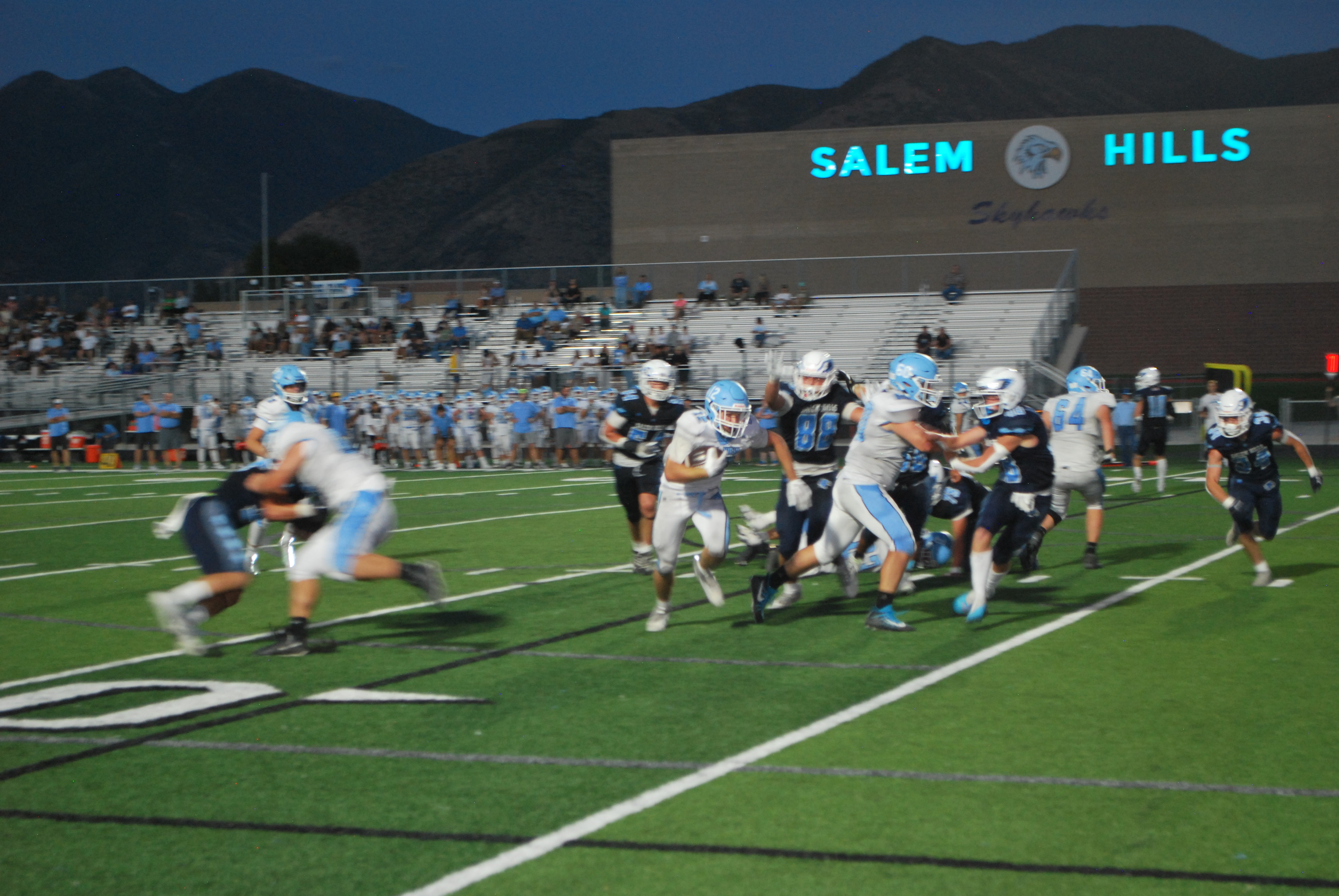 Sky View and Salem Hills compete in a football game on Aug. 11, 2023.