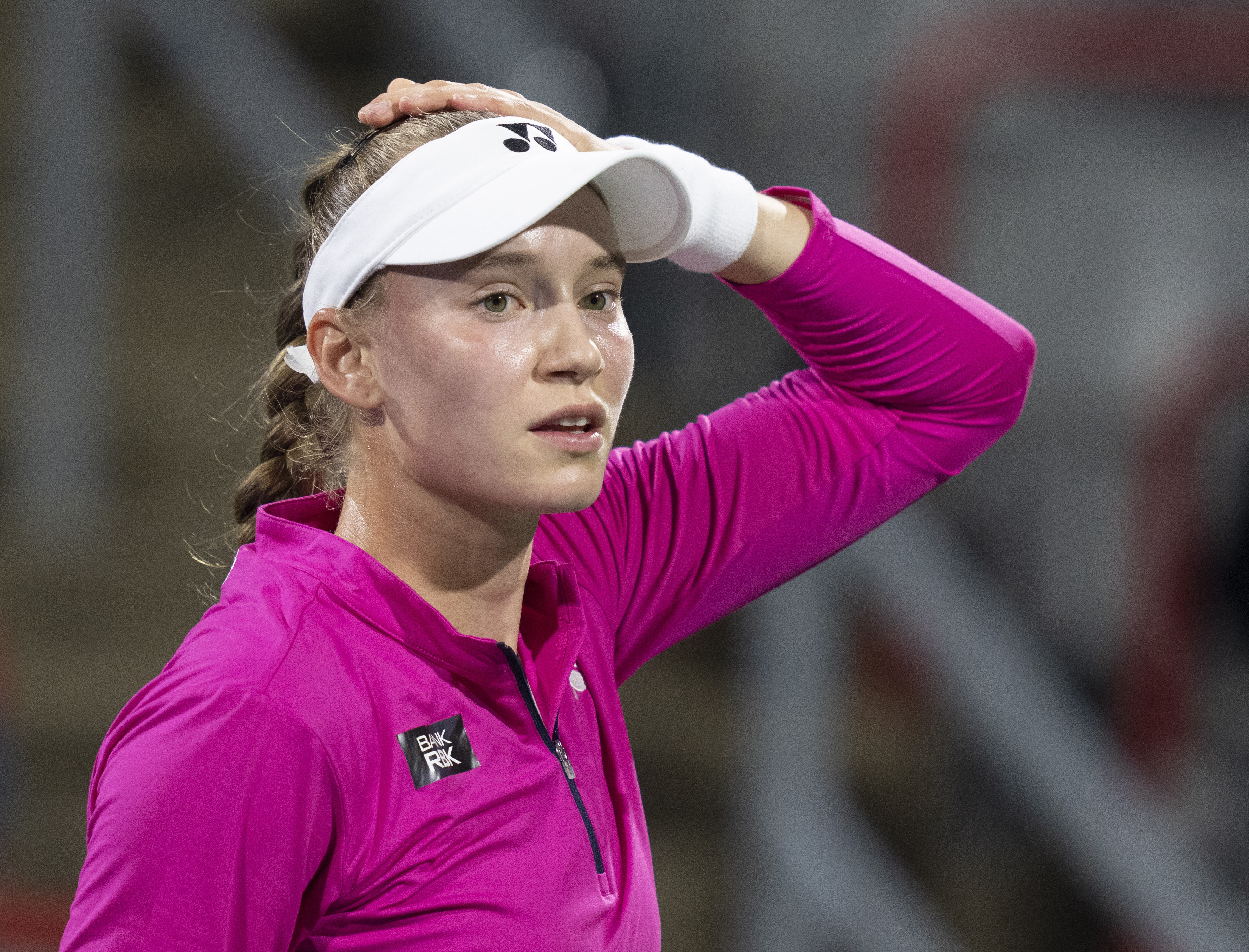 Elena Rybakina, of Kazakhstan, looks to her coach as she plays against Daria Kasatkina, of Russia, during the National Bank Open women’s tennis tournament Friday, Aug. 11, 2023, in Montreal. 
