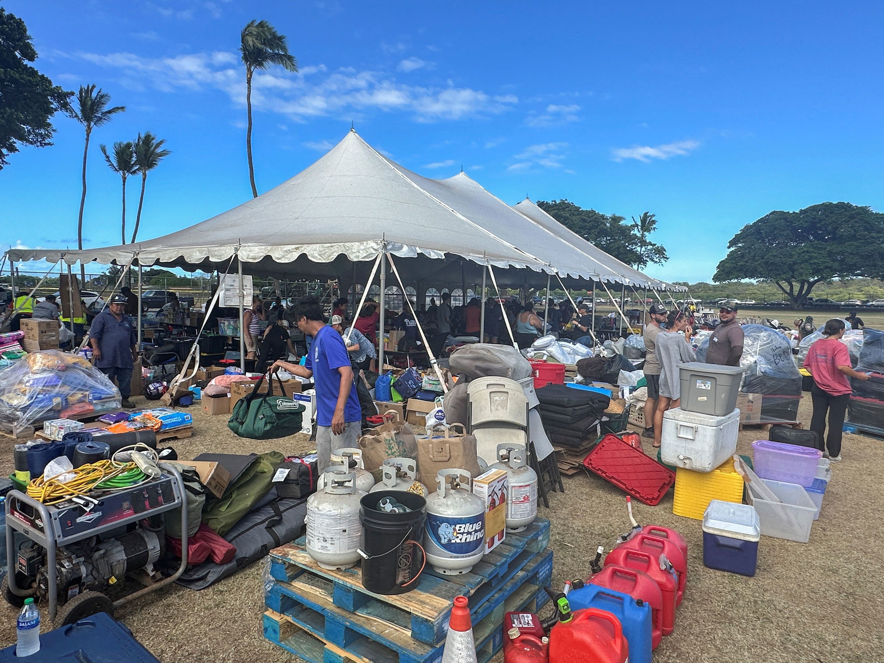 A view of a War Memorial Gym turned into a donation and medical shelter to aid victims of the Maui wildfires in Kahului, Hawaii, on Friday.