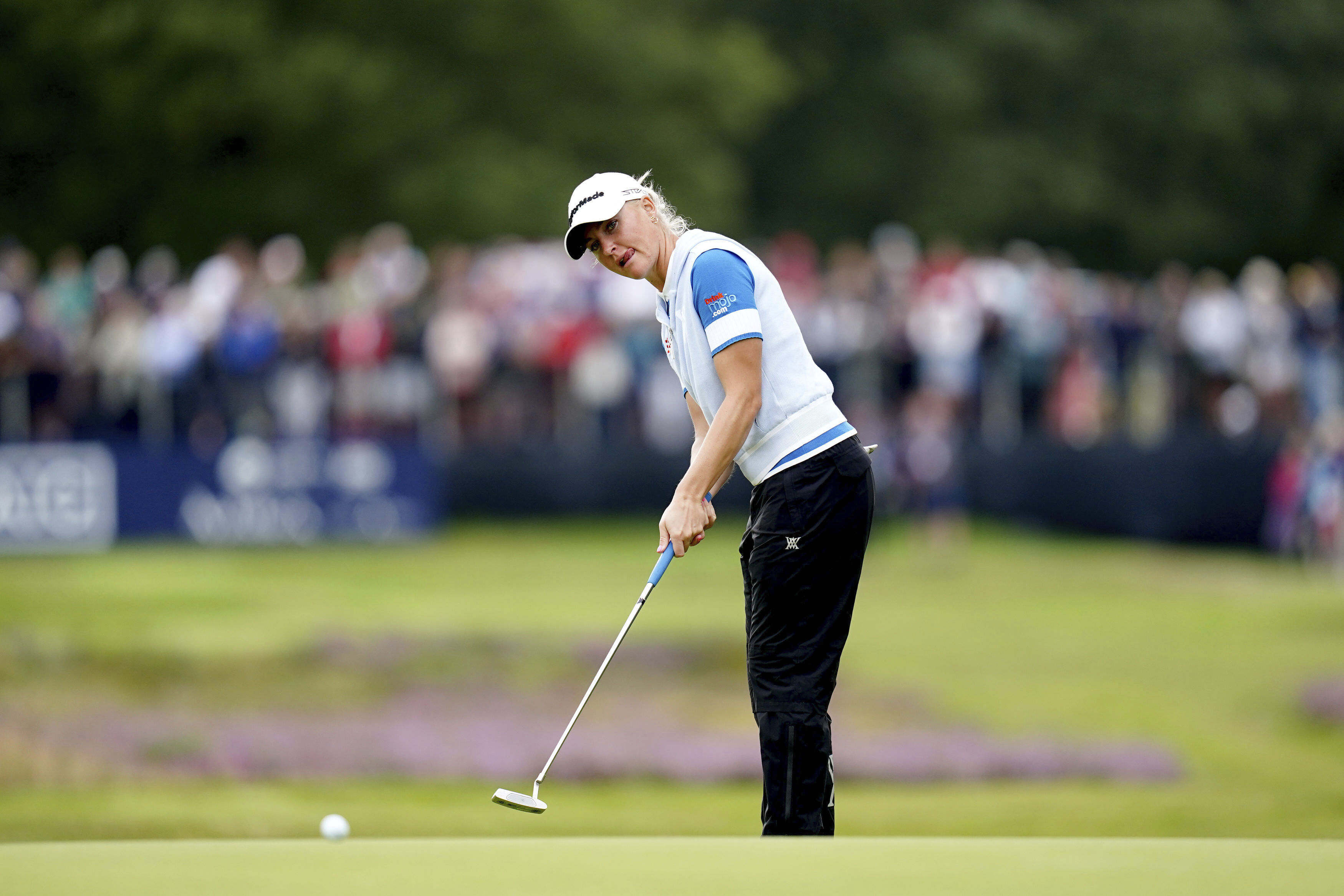 Britain's Charley Hull on the 5th green during day three of the 2023 AIG Women's Open at Walton Heath, Surrey, England, Saturday, Aug. 12, 2023. 