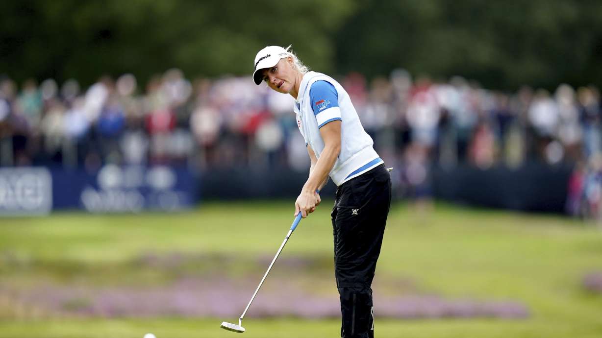 Britain's Charley Hull on the 5th green during day three of the 2023 AIG Women's Open at Walton Heath, Surrey, England, Saturday, Aug. 12, 2023.