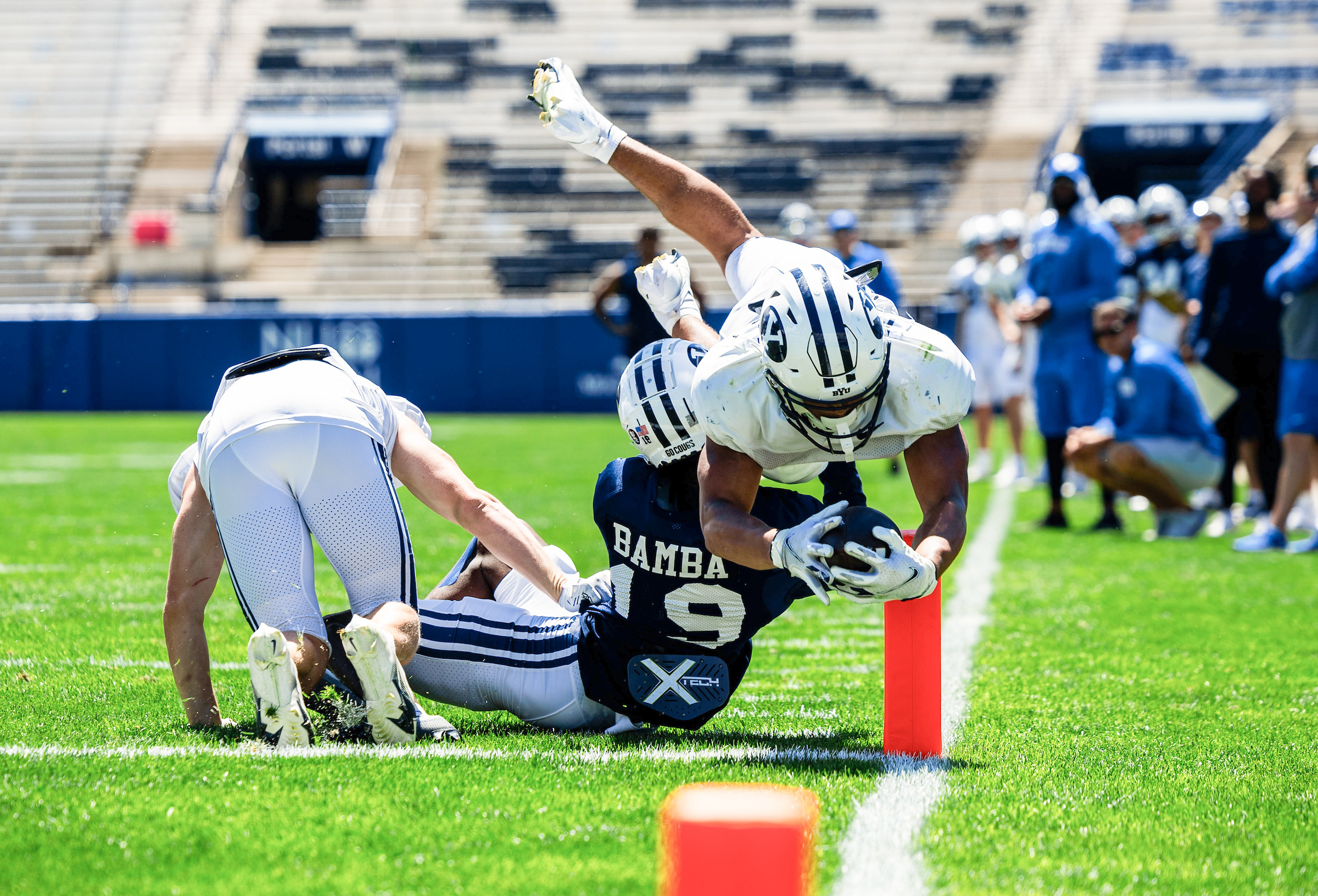 BYU running back LJ Martin dives for the pylon during a scrimmage, Saturday, Aug. 12, 2023, at LaVell Edwards Stadium in Provo.