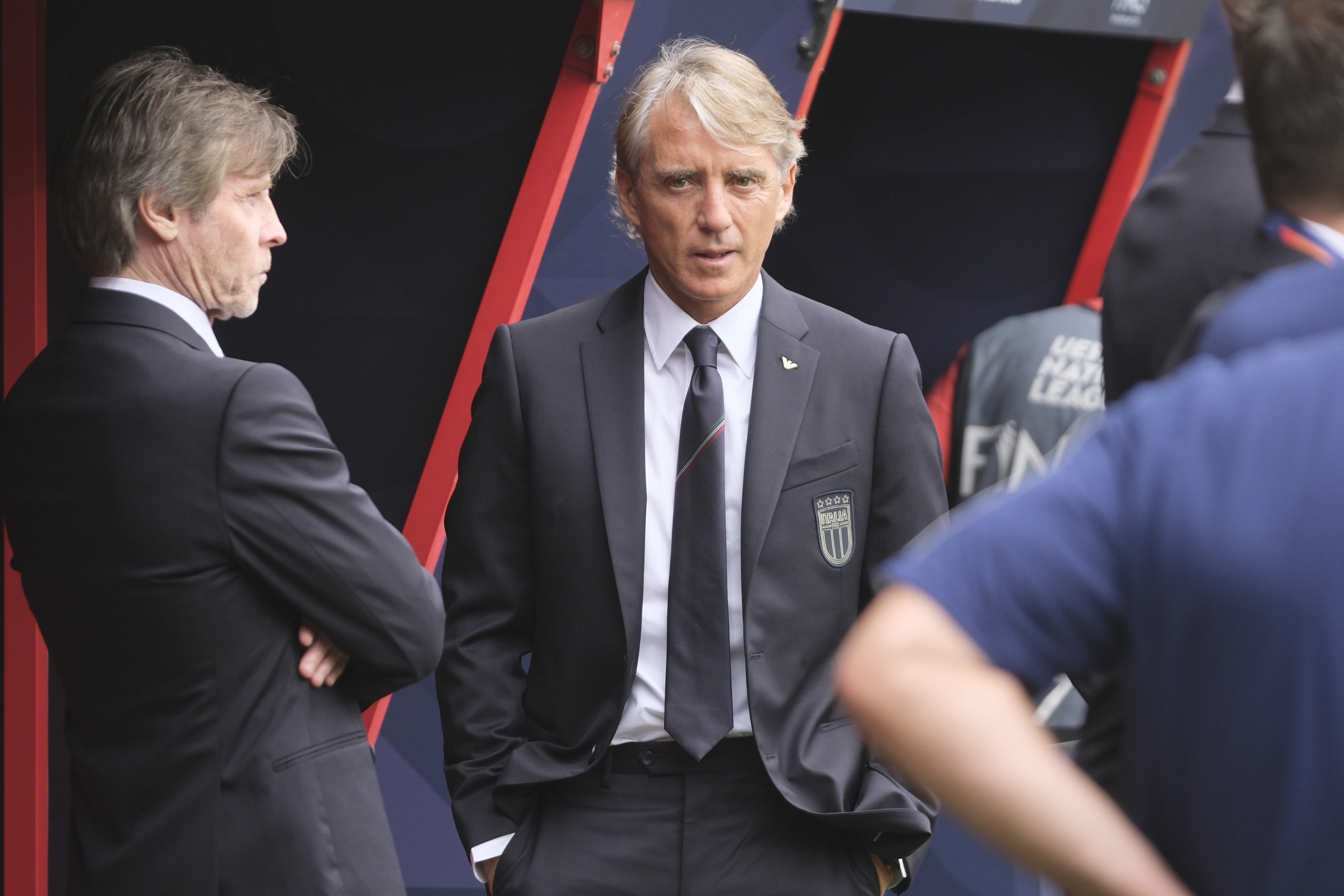 FILE - Italy coach Roberto Mancini waits for the start of the Nations League third place soccer match between the Netherlands and Italy at De Grolsch Veste stadium in Enschede, Netherlands, Sunday, June 18, 2023. Italy coach Roberto Mancini resigned surprisingly on Sunday, Aug. 13, 2023, ending an an up-and-down tenure with the national team that included a European Championship title in 2021 but also a failed qualification for last year’s World Cup. 