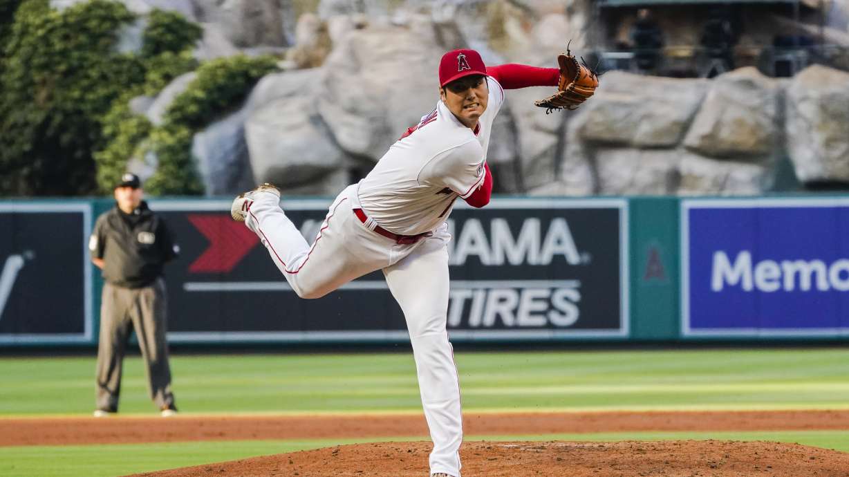 Los Angeles Angels starting pitcher Shohei Ohtani throws to a San Francisco Giants batter during a baseball game Wednesday, Aug. 9, 2023, in Anaheim, Calif.