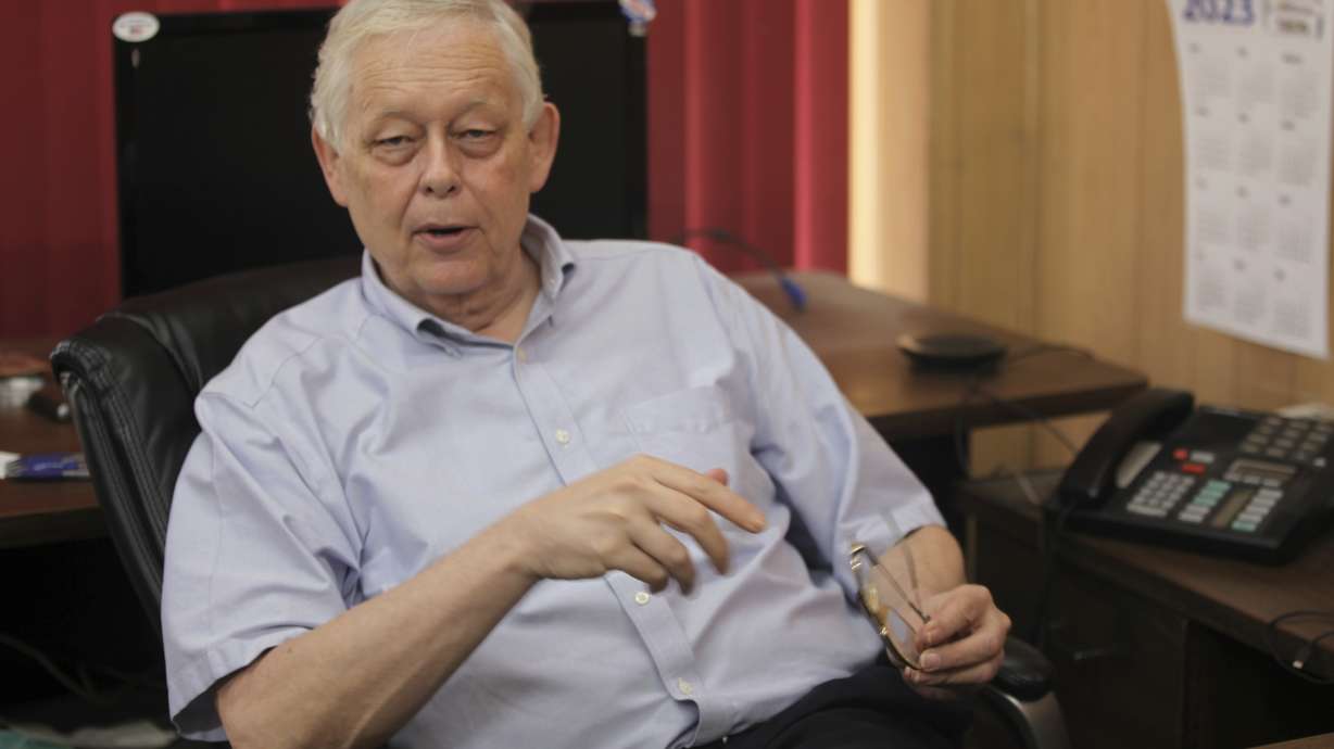 Eric Meyer, editor and publisher at the Marion County Record, answers questions about a raid by local police and sheriff's deputies on his newspaper's newsroom and his home, Sunday in Marion, Kan.