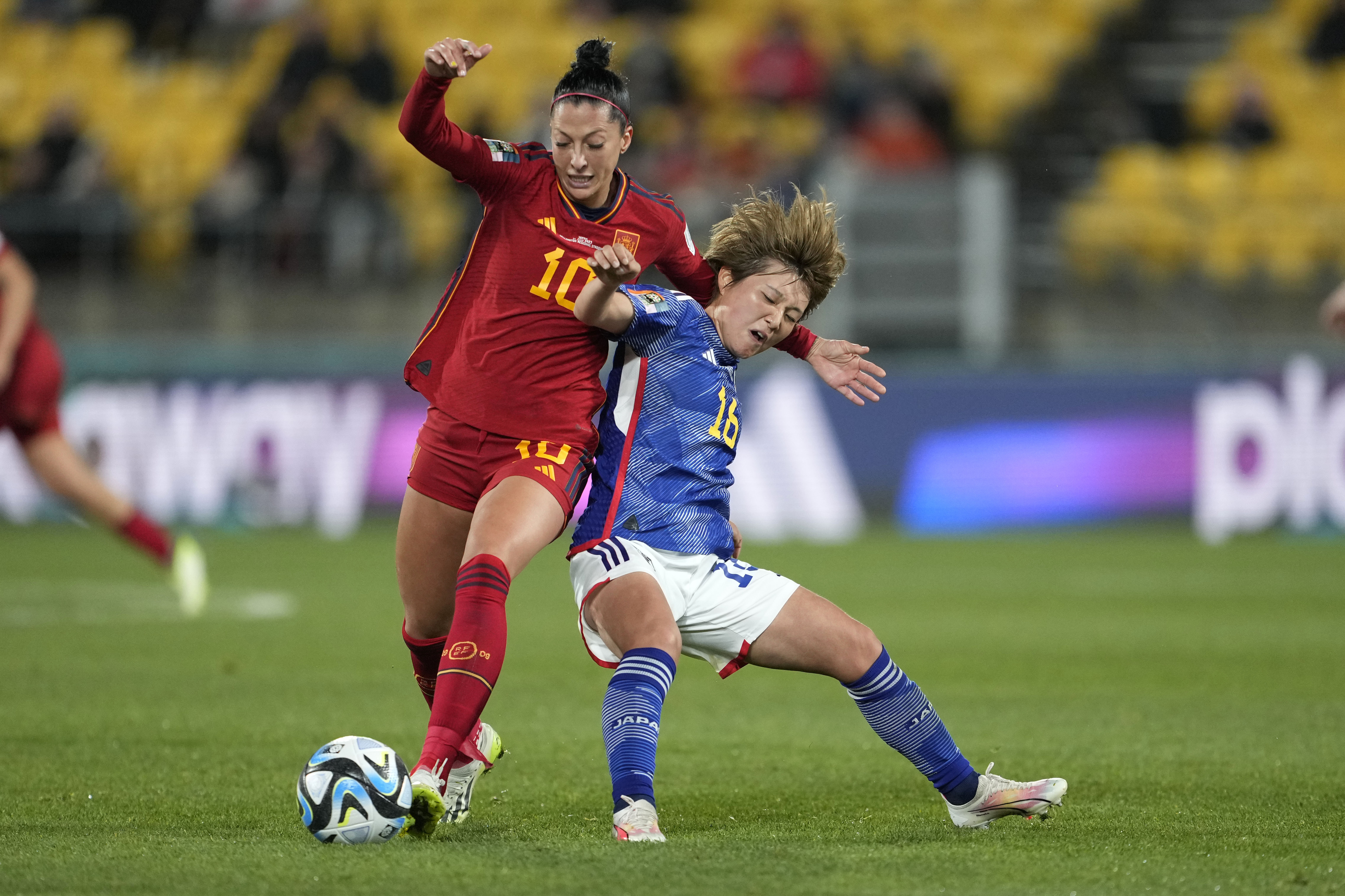 Spain's Jennifer Hermoso, left, and Japan's Honoka Hayashi vie for the ball during the Women's World Cup Group C soccer match between Japan and Spain in Wellington, New Zealand, Monday, July 31, 2023. 