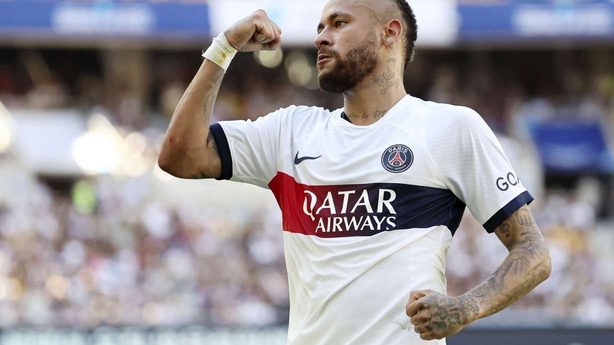 PSG's Neymar celebrates after scoring the first goal during a friendly soccer match against Jeonbuk Hyundai Motors in Busan, South Korea, Thursday, Aug. 3, 2023.
