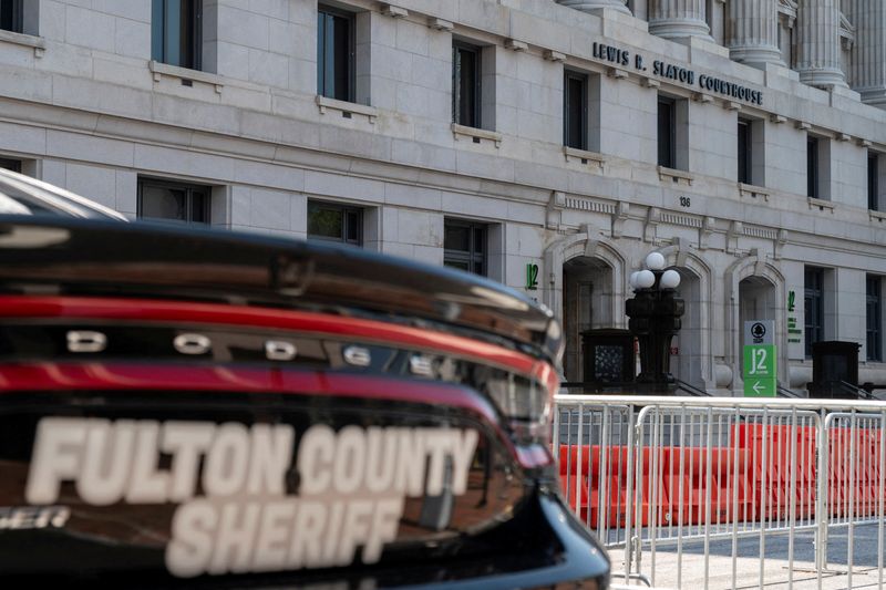 Security barriers are seen around the Lewis R. Slaton Courthouse in Atlanta, Ga., Aug. 7. The grand jury in Georgia investigating Donald Trump's attempts to overturn his 2020 election loss handed up a criminal indictment on Monday.