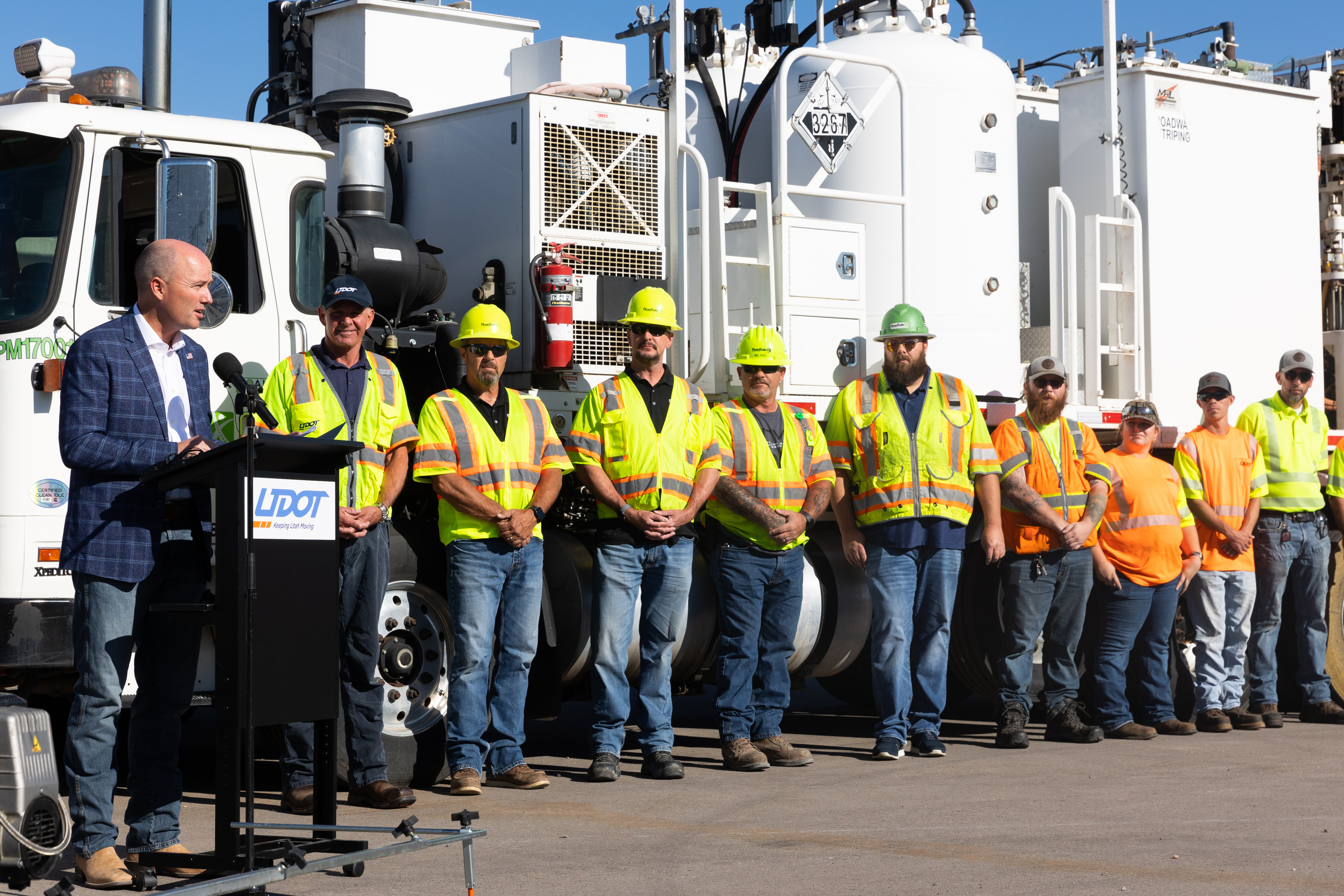 Gov. Spencer Cox announces the next phase of the Utah Department of Transportation’s efforts to upgrade freeway lane striping along the Wasatch Front at the UDOT maintenance station in Salt Lake City on Monday.