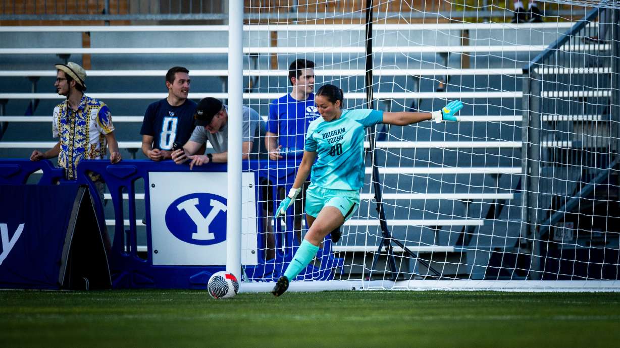 BYU goalkeeper Lynette Hernaez takes a goal kick during the No. 13 Cougars' 7-0 exhibition win over Idaho State, Saturday, Aug. 12, 2023, at South Field in Provo.