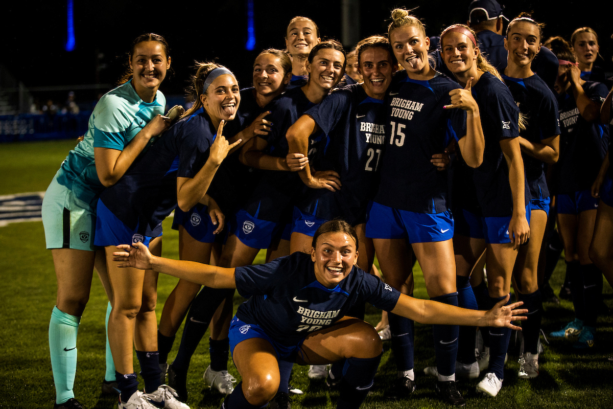 No. 13 BYU women's soccer after a 7-0 exhibition win over Idaho State, Saturday, Aug. 12, 2023, at South Field in Provo.