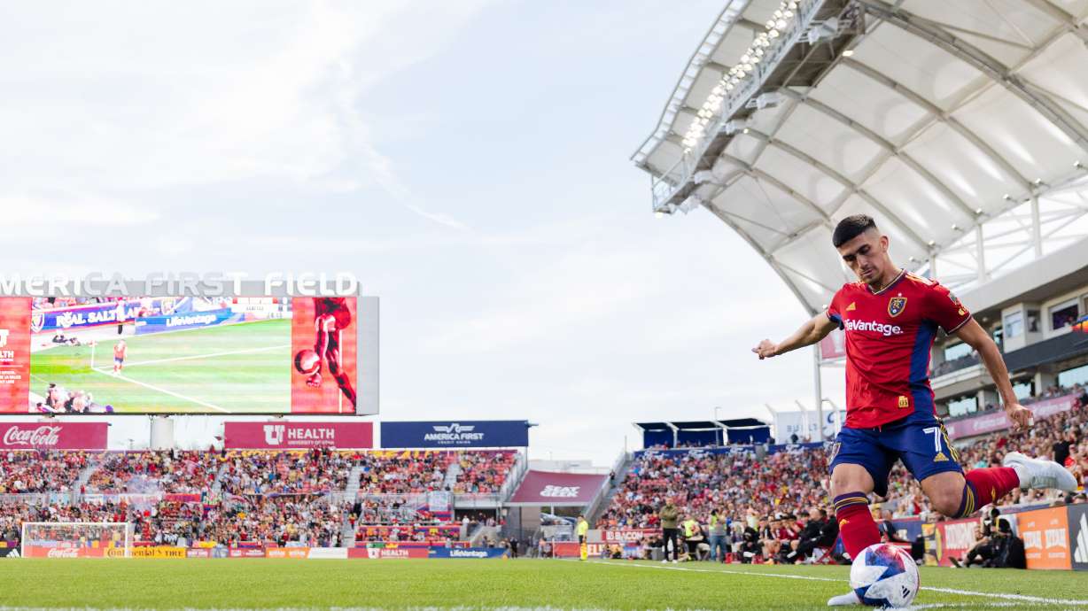 Real Salt Lake midfielder Pablo Ruiz (7) takes a corner kick during a MLS match between Real Salt Lake and the Seattle Sounders at America First Field in Salt Lake City on April 29, 2023.