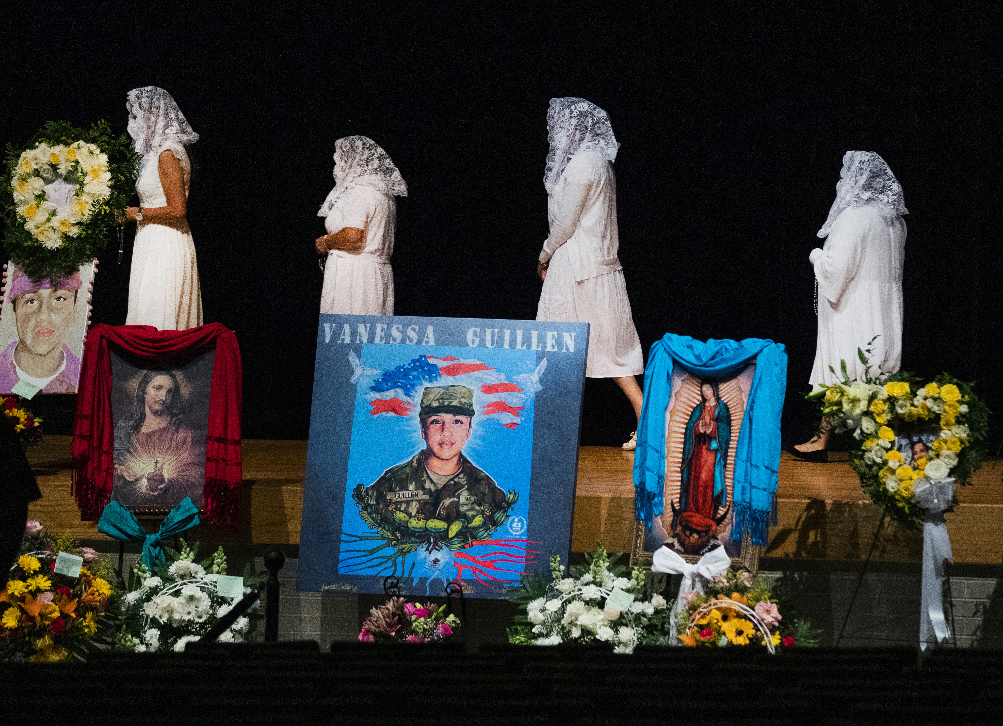 The memorial service of U.S. Army Specialist Vanessa Guillén at the Cesar Chavez High School on Aug. 14, 2020, in Houston. A federal judge has sentenced a Texas woman Monday to 30 years in connection with Guillén's death.  