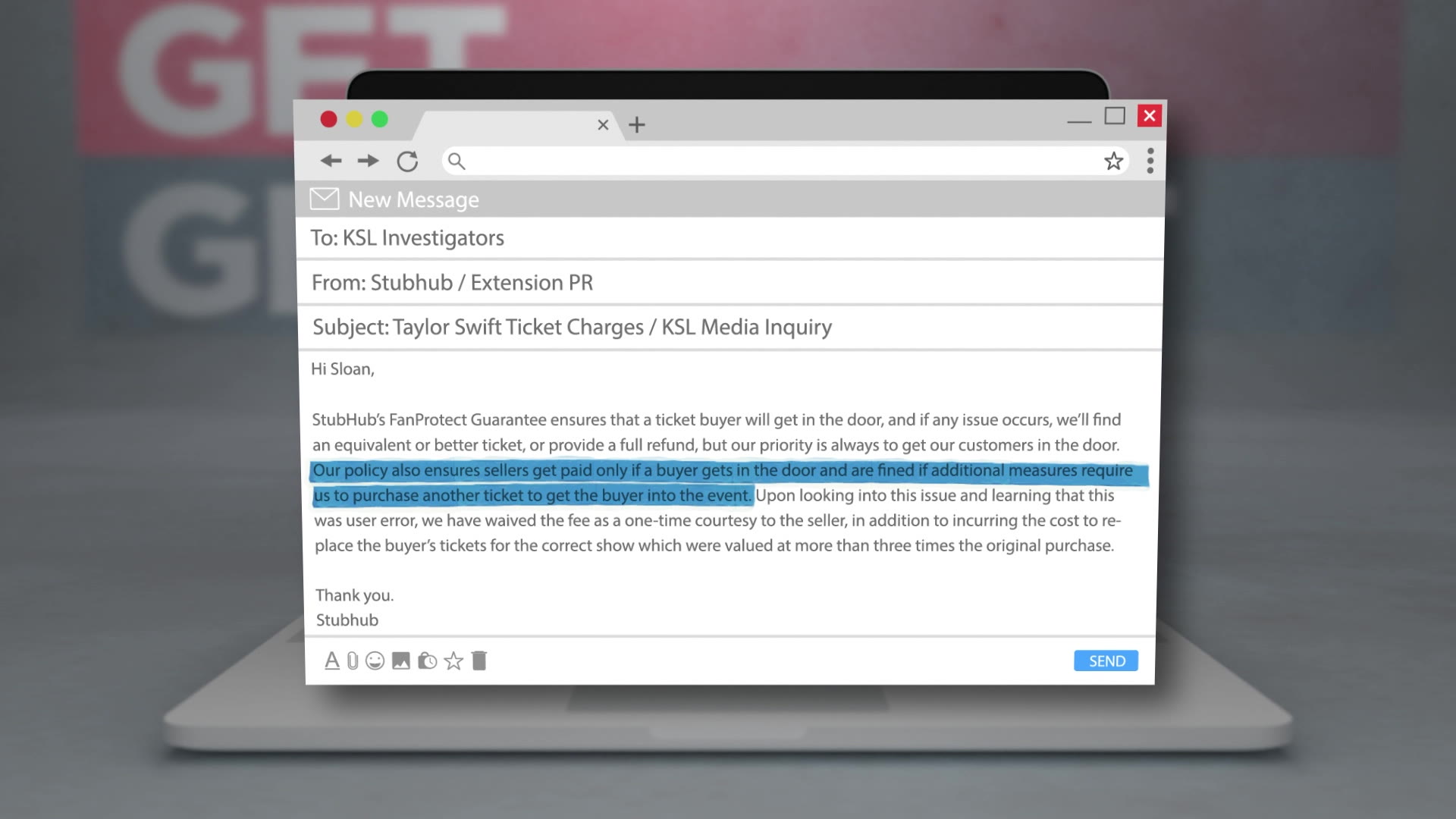 An email from StubHub to Sloan Schrage with KSL Investigates is shown. The company waived a hefty fine against Utahn Kate Nielsen as a “one-time courtesy."