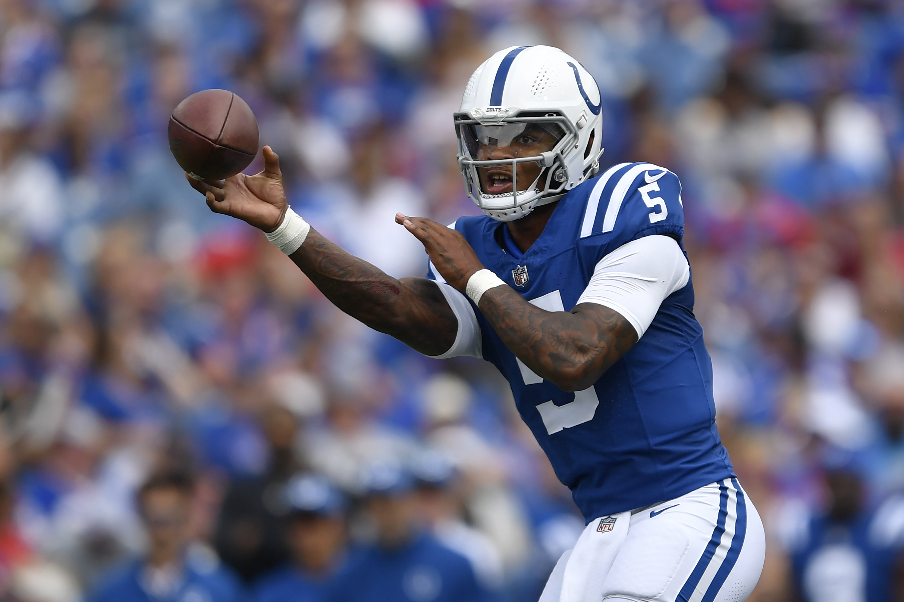 Indianapolis Colts quarterback Anthony Richardson (5) passes against the Buffalo Bills during the first half of an NFL preseason football game in Orchard Park, N.Y., Saturday, Aug. 12, 2023. 