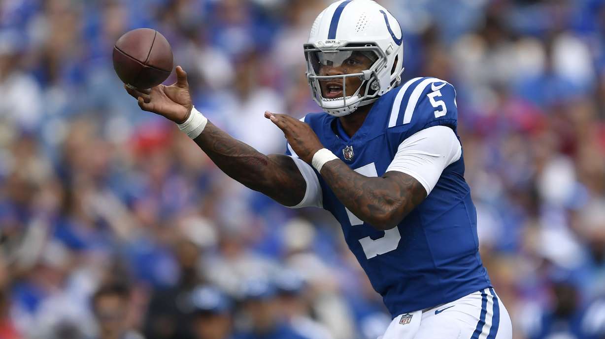 Indianapolis Colts quarterback Anthony Richardson (5) passes against the Buffalo Bills during the first half of an NFL preseason football game in Orchard Park, N.Y., Saturday, Aug. 12, 2023.