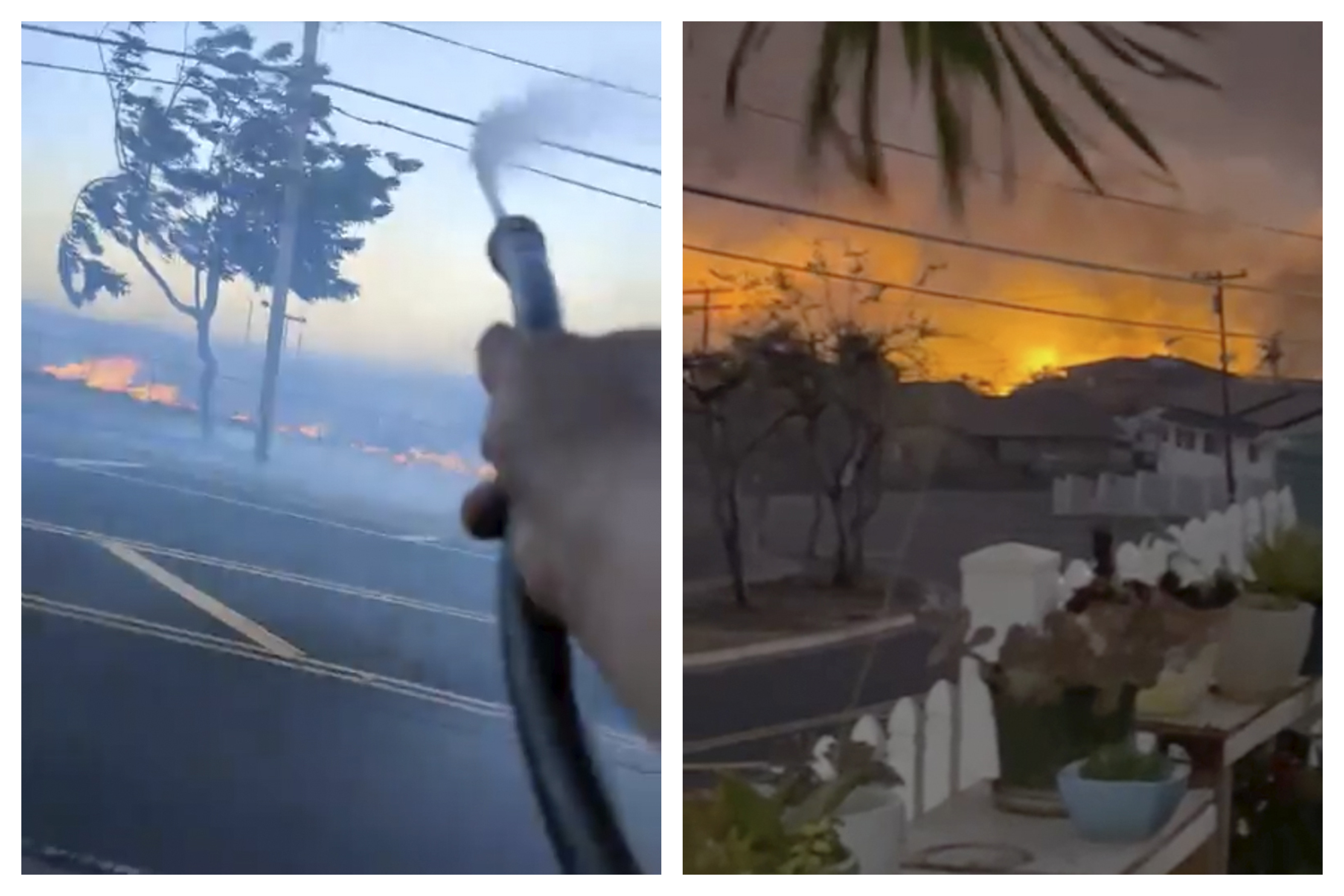 This combination of images from video made on Aug. 8, shows fires outside homes on Maui. Videos showing downed power lines apparently sparking some of the early blazes in the Maui wildfires have become key evidence in the search for a cause.