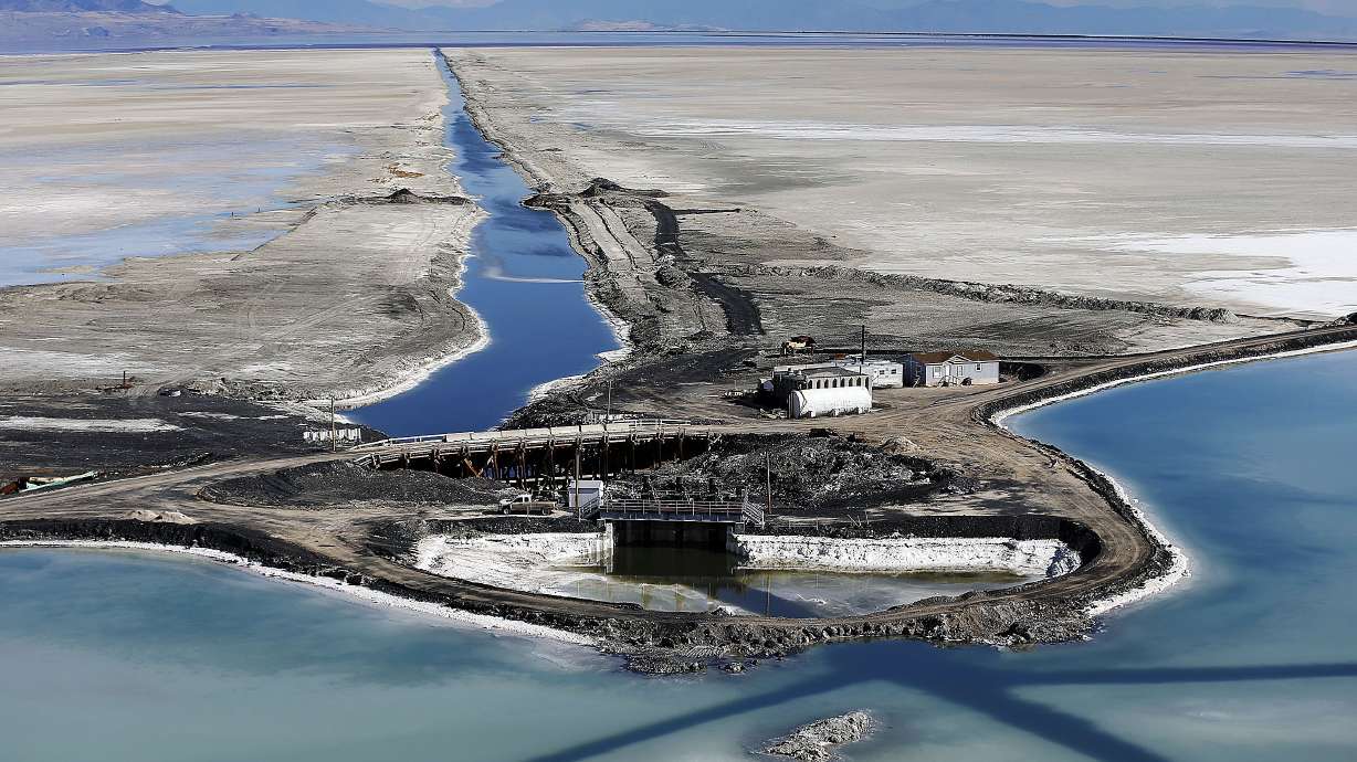 The west end of the Behrens Trench of Compass Minerals in Weber County. The trench moves brine from the company's west pond complex to the east pond complex. The firm announced Wednesday that it ended a separate lithium project.