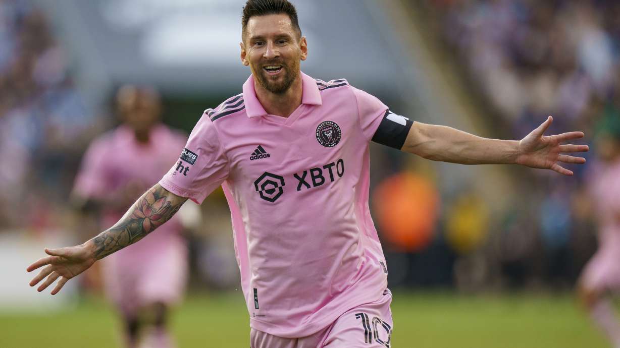 Inter Miami's Lionel Messi celebrates his goal against the Philadelphia Union during the first half of a Leagues Cup soccer semifinal Tuesday, Aug. 15, 2023, in Chester, Pa.