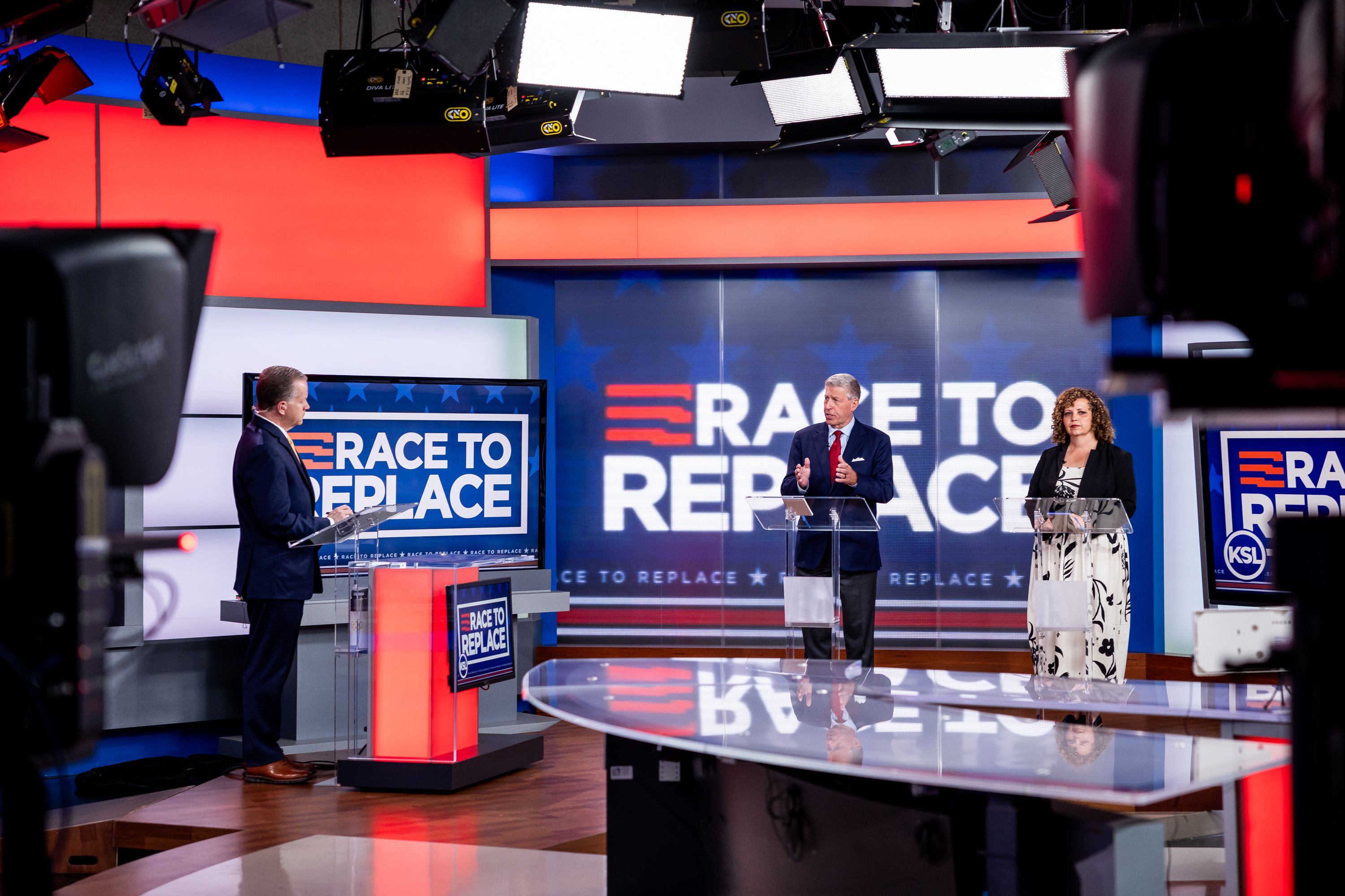 Bruce Hough and Celeste Maloy take part in a televised debate, with moderator Boyd Matheson, left, at KSL-TV in Salt Lake City on Tuesday. The two are running in the GOP primary to replace Rep. Chris Stewart in Utah’s 2nd Congressional District.