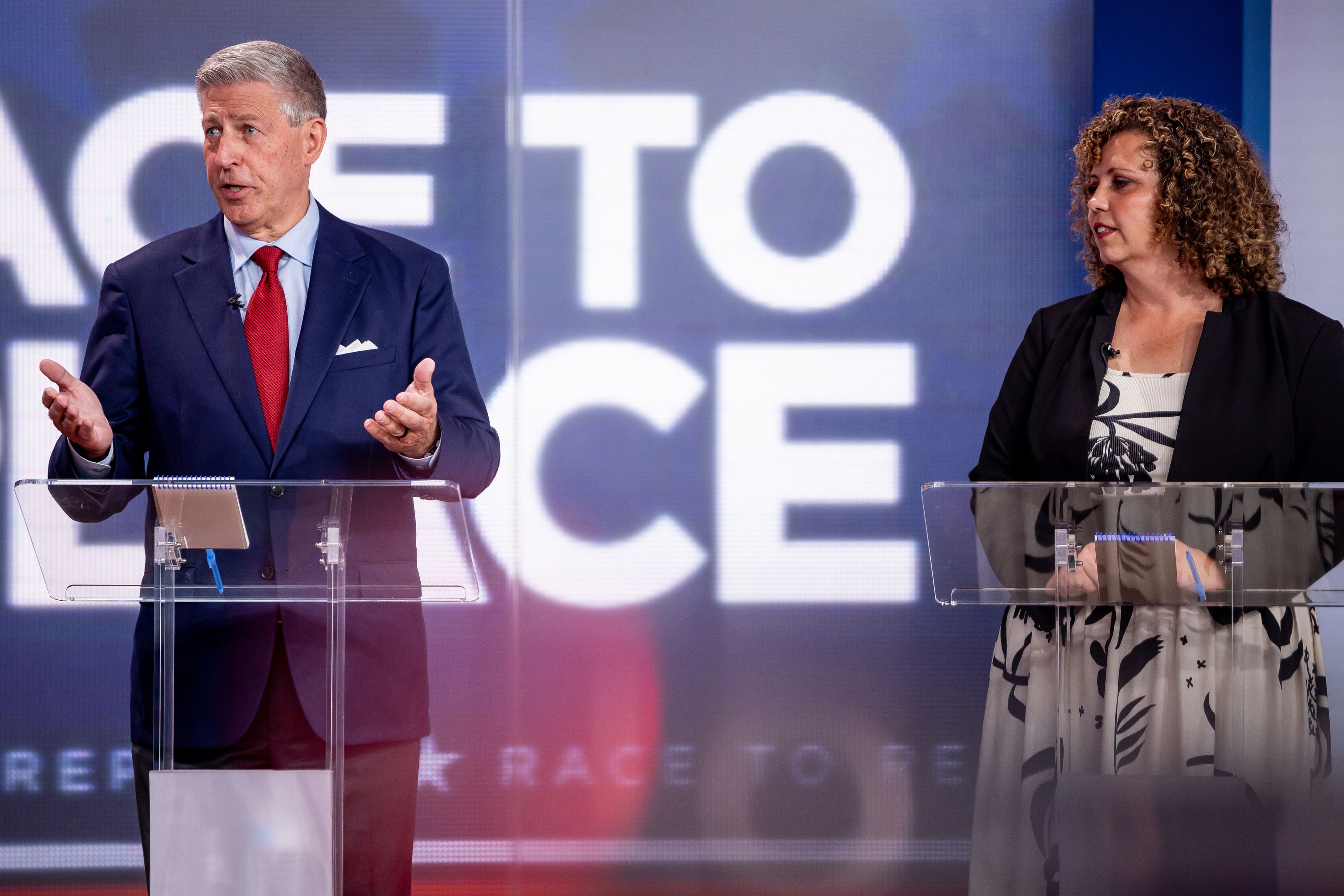 Bruce Hough and Celeste Maloy take part in a televised debate at KSL-TV in Salt Lake City on Tuesday. The two are running in the GOP primary to replace Rep. Chris Stewart in Utah’s 2nd Congressional District.