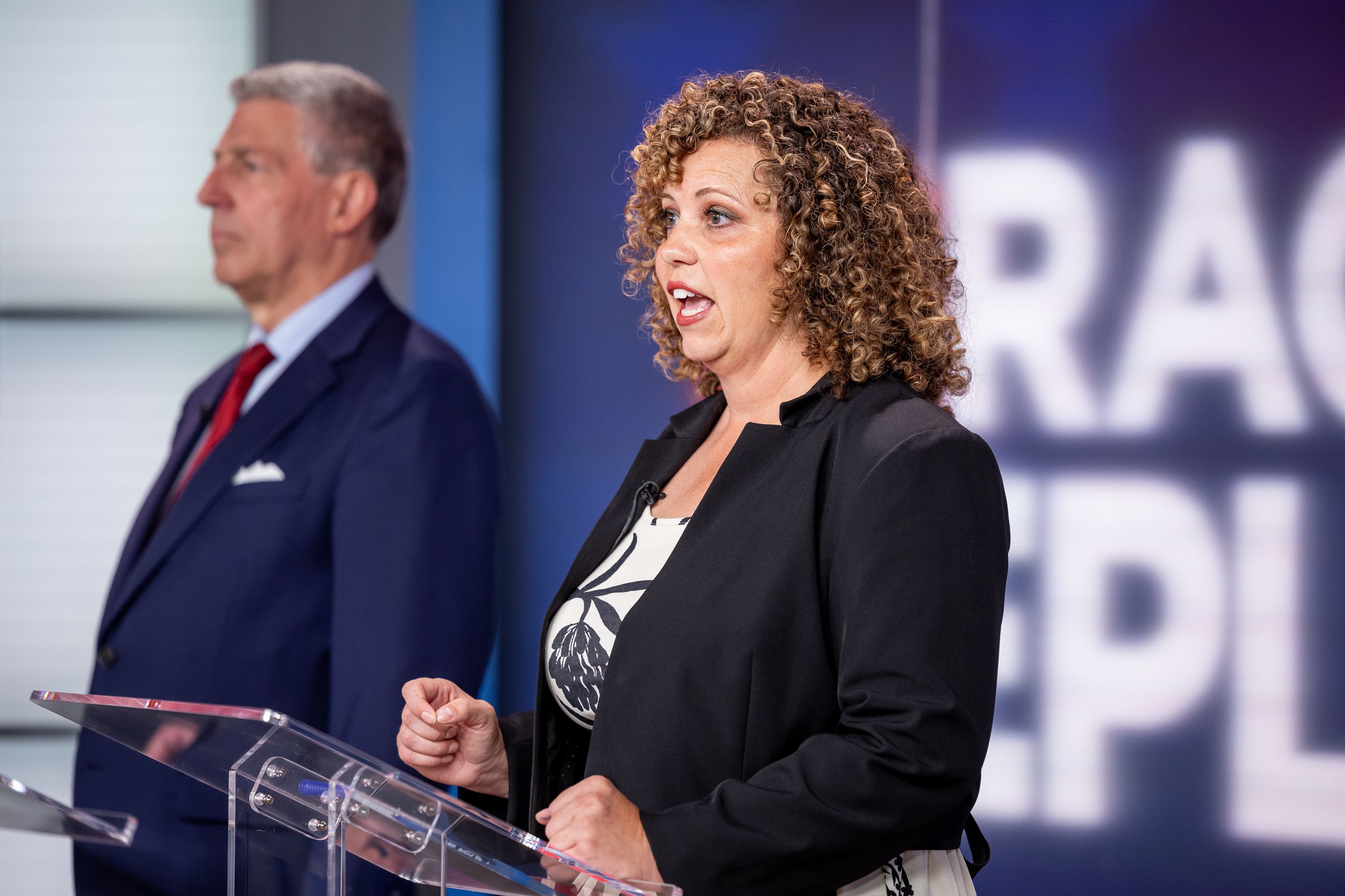 Bruce Hough and Celeste Maloy take part in a televised debate at KSL-TV in Salt Lake City on Tuesday. The two are running in the GOP primary to replace Rep. Chris Stewart in Utah’s 2nd Congressional District.