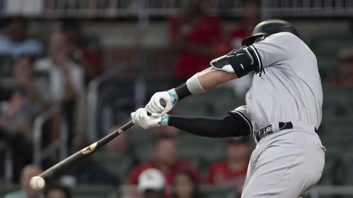 New York Yankees' Aaron Judge grounds out to third base in the fifth inning of a baseball game against the Atlanta Braves, Monday, Aug. 14, 2023, in Atlanta.