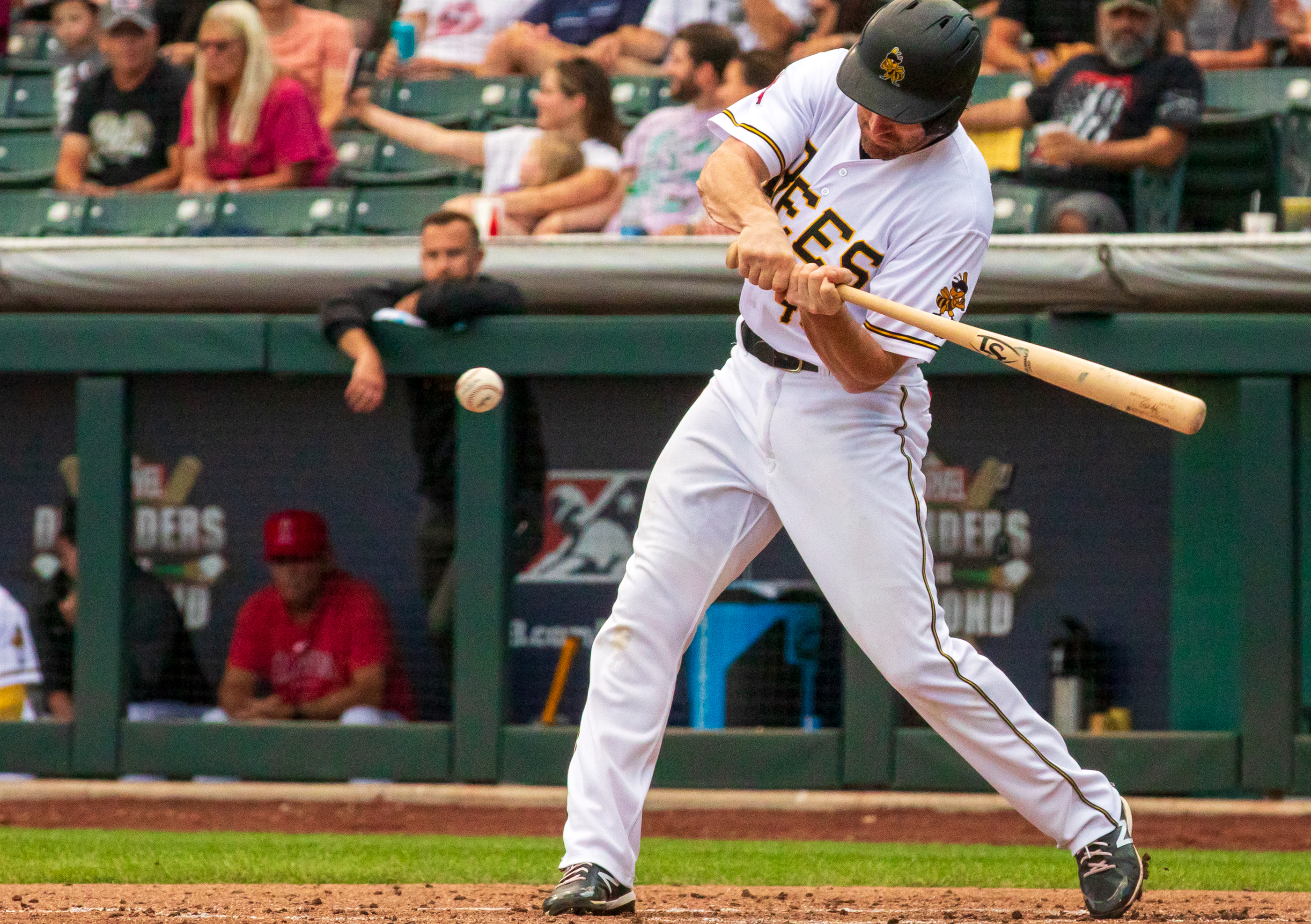 Salt Lake Bees infielder Daniel Murphy swings at a pitch during a game against the El Paso Chihuahuas at Smith's Ballpark on Aug. 3. Murphy played in 38 games with the Bees this year.