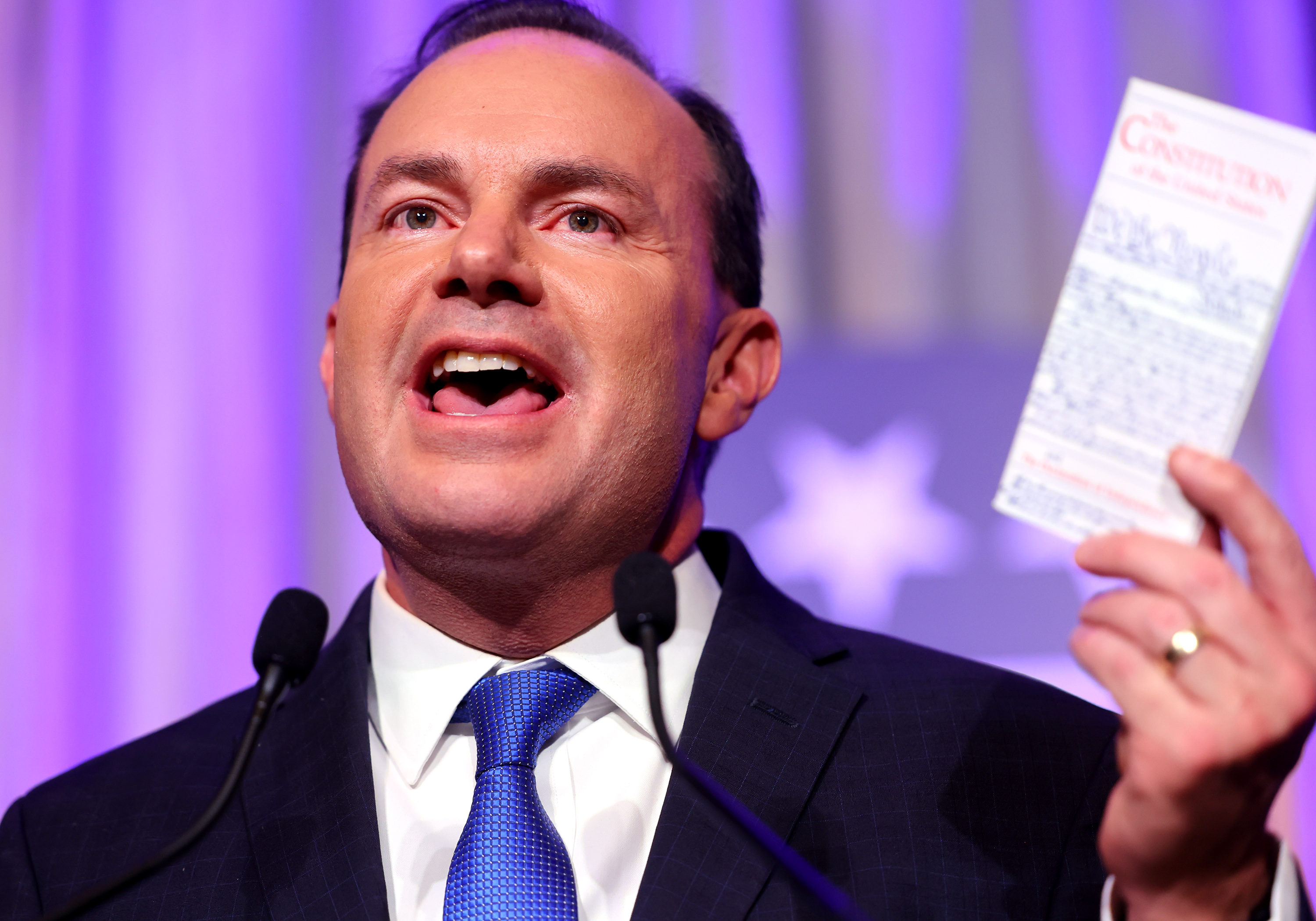 Sen. Mike Lee speaks to a crowd of supporters at the Hyatt Regency in Salt Lake City on Nov. 8, 2022. Lee condemns Donald Trump's latest indictment, but he once questioned some of Trump's allies' 2020 election strategies.