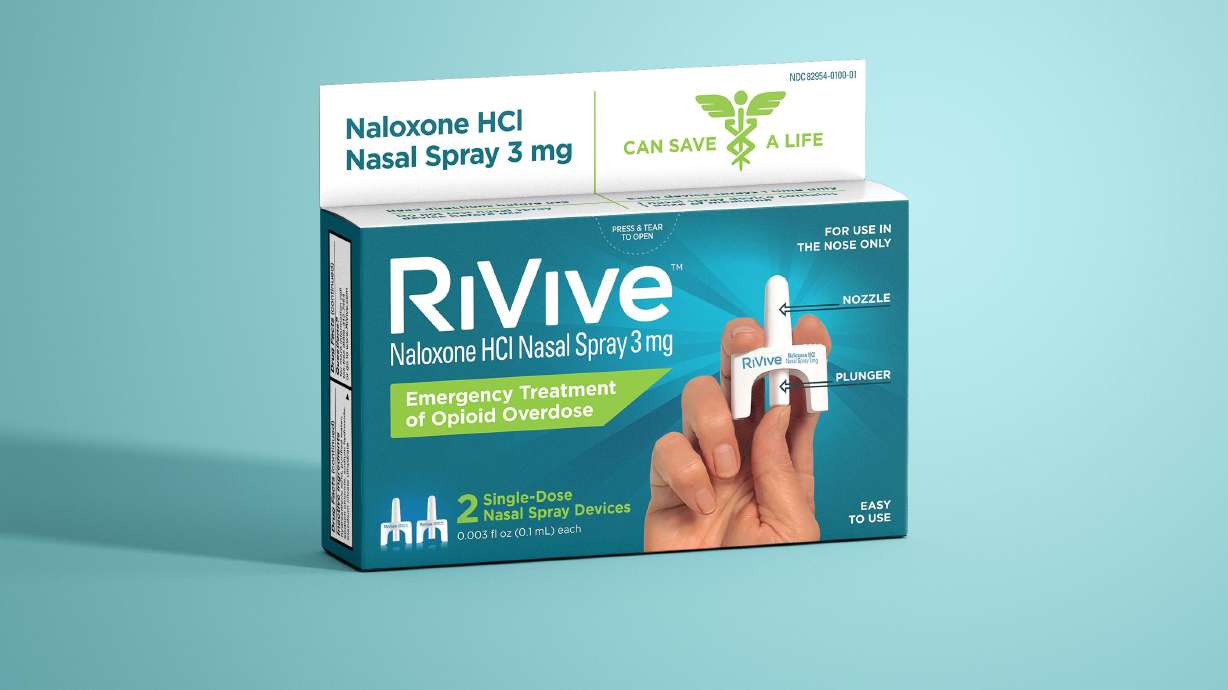 A container of RiVive nasal spray, a recently approved over the counter form of naloxone, is pictured. The drug is expected to cost significantly less than other opioid overdose reversal drugs.