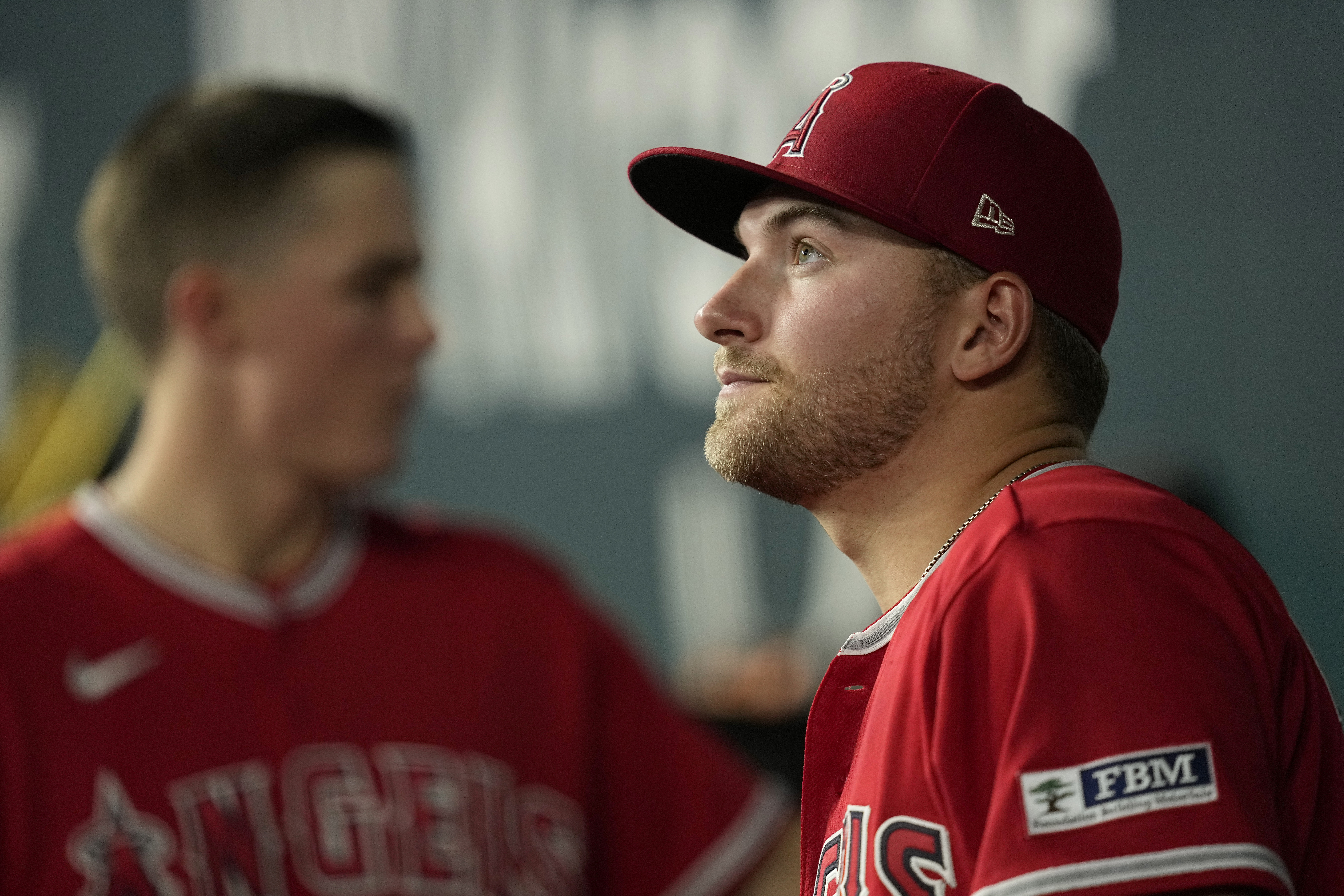 Los Angeles Angels' Reid Detmers stands in the dugout before the eighth inning of a baseball game against the Texas Rangers, Wednesday, Aug. 16, 2023, in Arlington, Texas. 
