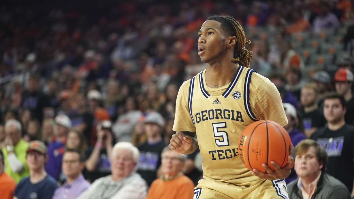 Georgia Tech guard Deivon Smith surveys the defense during the second half an NCAA college basketball game against Clemson Tuesday, Jan. 24, 2023, in Clemson, S.C. Clemson won 72-51.