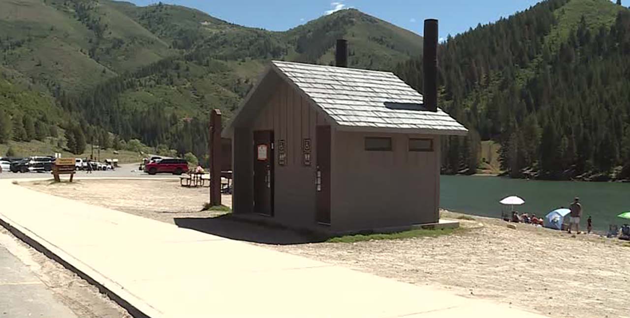 A restroom is seen at Tibble Fork Reservoir in American Fork on Wednesday. It has been vandalized several times, a sign says.