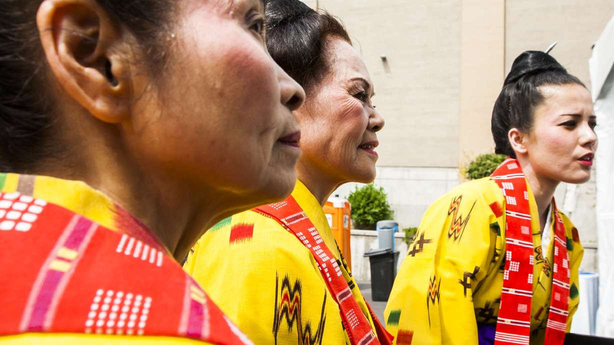 Okinawa dancers Chieko Buckley, Katsuko Gose and Wakako Akamine at the Aki Matsuri Japanese Fall Festival on Aug. 29, 2015. The Japanese Church of Christ summer festival takes place this weekend.