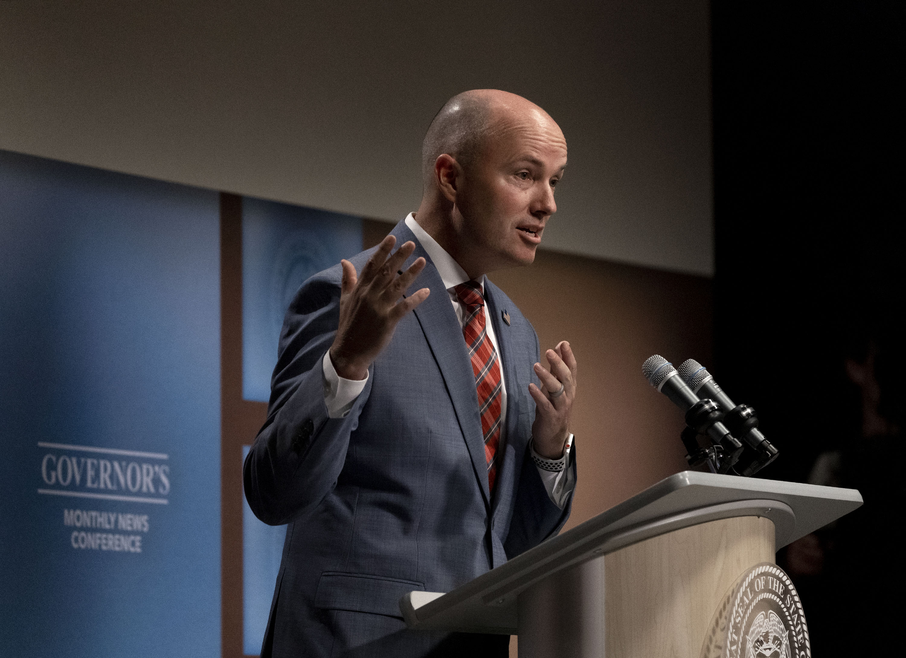 Gov. Spencer Cox speaks during the PBS Utah Governor's Monthly News Conference at the Eccles Broadcast Center in Salt Lake City on Thursday.