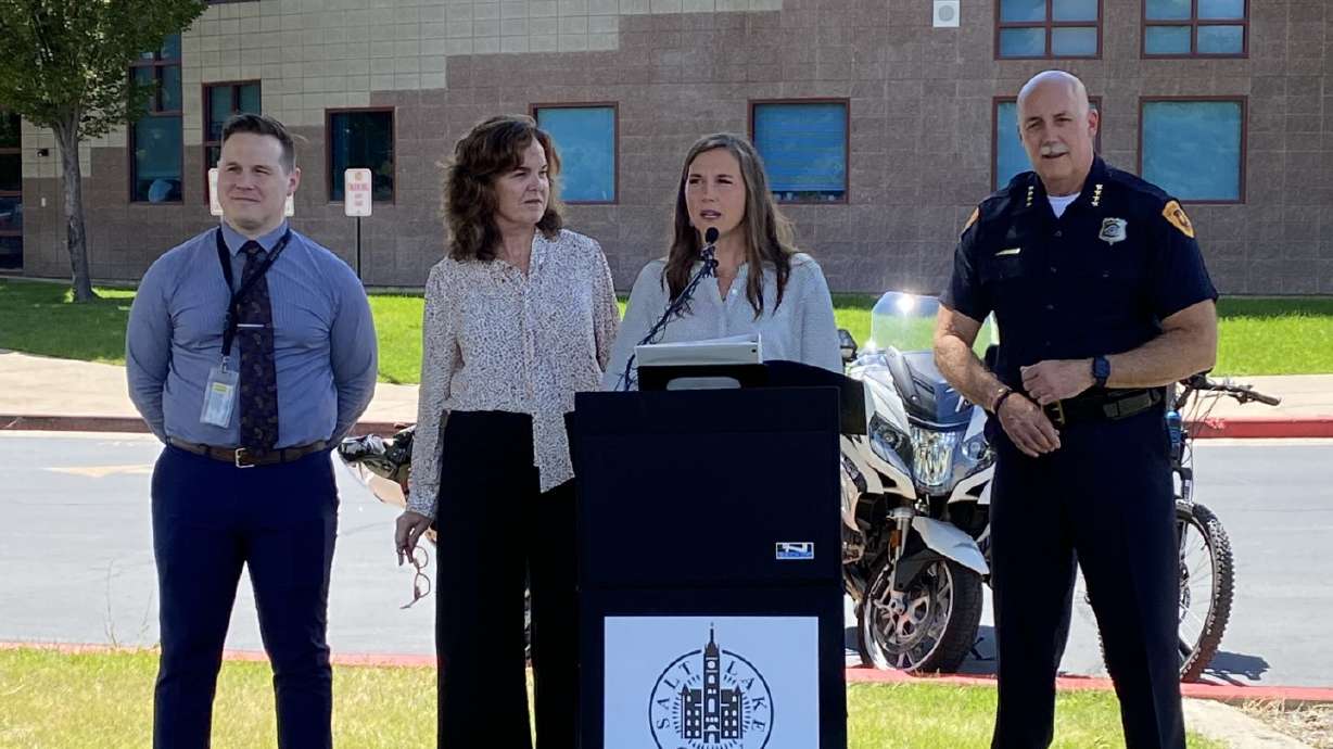 Backman Elementary School Principal Matthew Teitte, Salt Lake School District Superintendent Elizabeth Grant, Salt Lake City Mayor Erin Mendenhall and Police Chief Mike Brown hold a press conference Thursday at Backman Elementary.