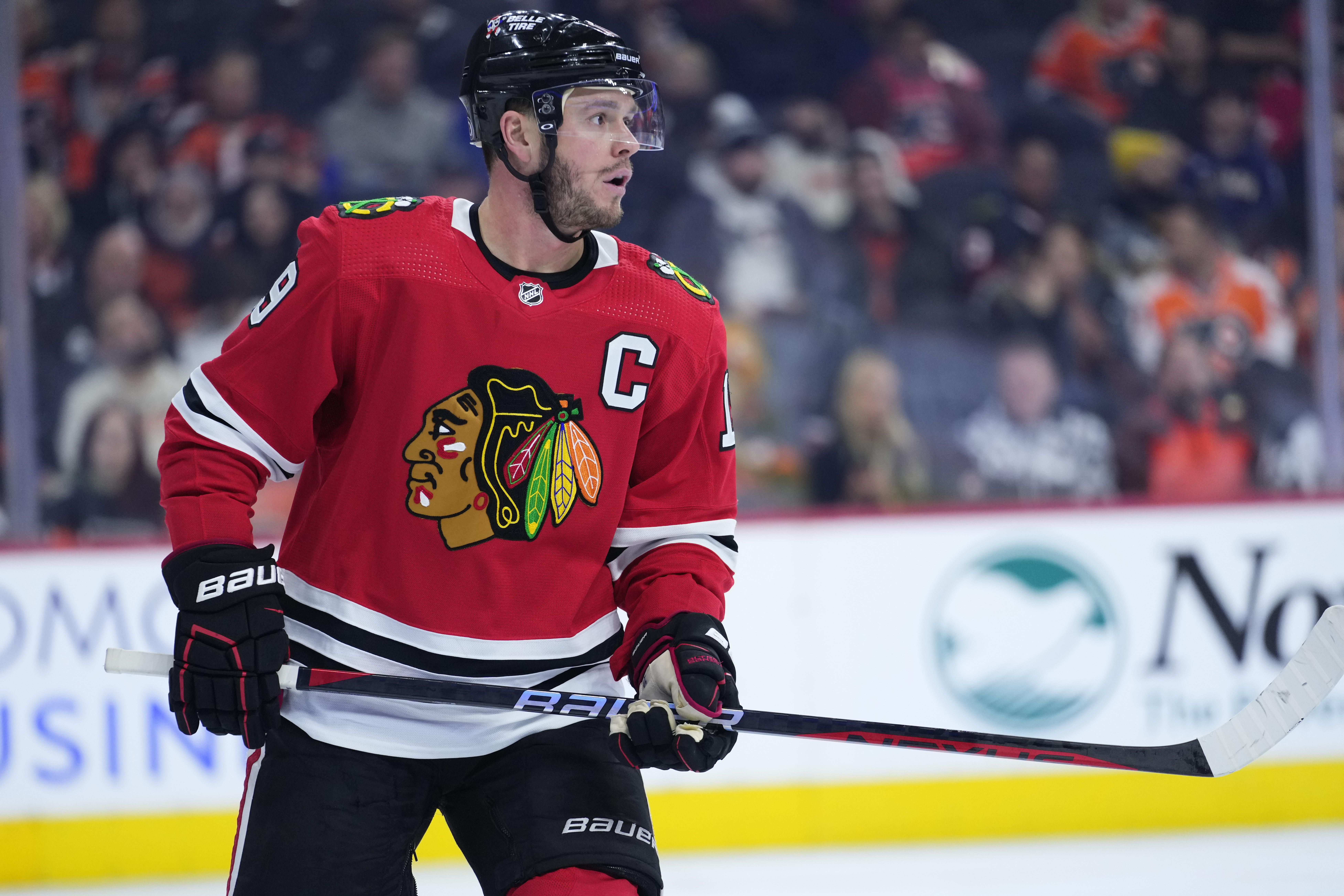 FILE - Chicago Blackhawks' Jonathan Toews plays during the team's NHL hockey game against the Philadelphia Flyers on Jan. 19, 2023, in Philadelphia. Former Blackhawks captain Toews says in an Instagram post that he is stepping away from hockey to get healthy after playing in just 53 games last season. But he stresses he's not retiring. 