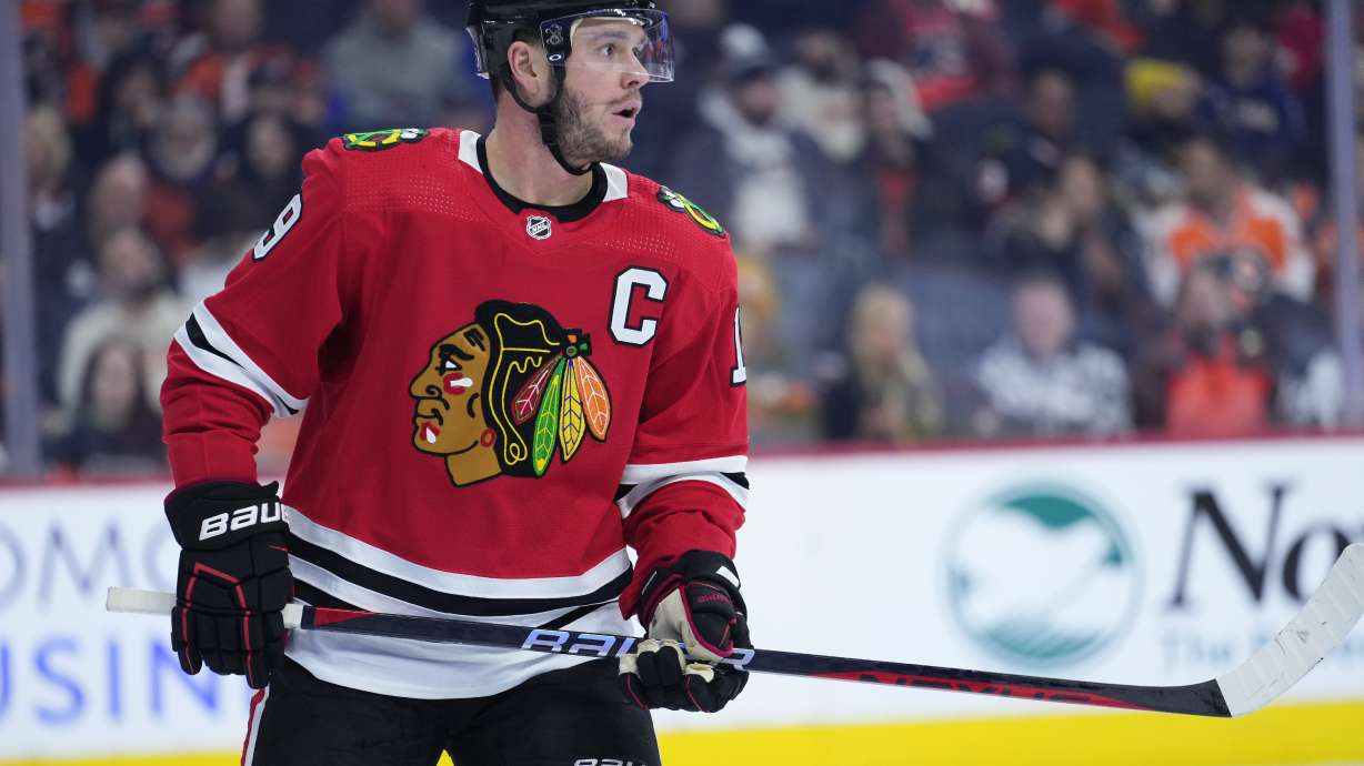 FILE - Chicago Blackhawks' Jonathan Toews plays during the team's NHL hockey game against the Philadelphia Flyers on Jan. 19, 2023, in Philadelphia. Former Blackhawks captain Toews says in an Instagram post that he is stepping away from hockey to get healthy after playing in just 53 games last season. But he stresses he's not retiring.