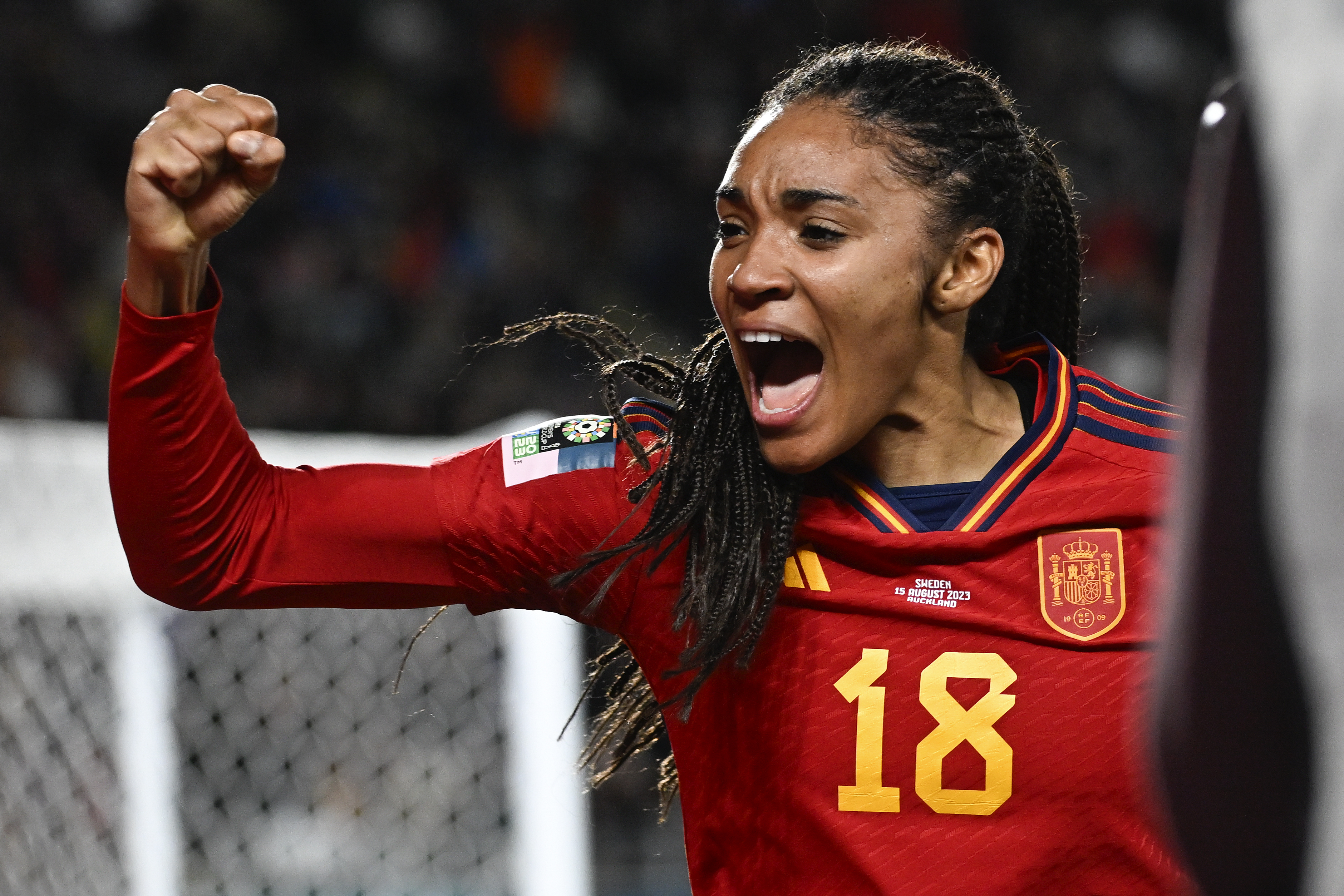 Spain's Salma Paralluelo celebrates after scoring her team's first goal during the Women's World Cup semifinal soccer match between Sweden and Spain at Eden Park in Auckland, New Zealand, Tuesday, Aug. 15, 2023. 