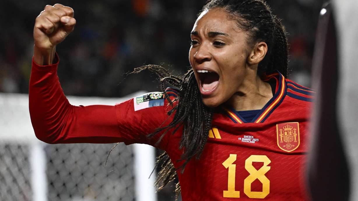Spain's Salma Paralluelo celebrates after scoring her team's first goal during the Women's World Cup semifinal soccer match between Sweden and Spain at Eden Park in Auckland, New Zealand, Tuesday, Aug. 15, 2023.